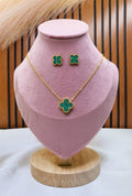 Orvyn Clover Pendant Set for Women | Green Clover Gold-Plated Stainless Steel Necklace & Earrings Set | Luxury Everyday Jewellery