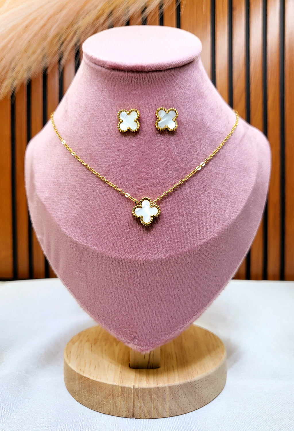 Norvyn Clover Pendant Set for Women | Gold-Plated Stainless Steel Necklace & Earrings Set | Elegant White Clover Jewellery
