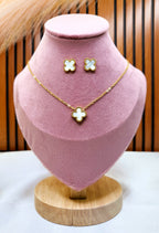 Norvyn Clover Pendant Set for Women | Gold-Plated Stainless Steel Necklace & Earrings Set | Elegant White Clover Jewellery