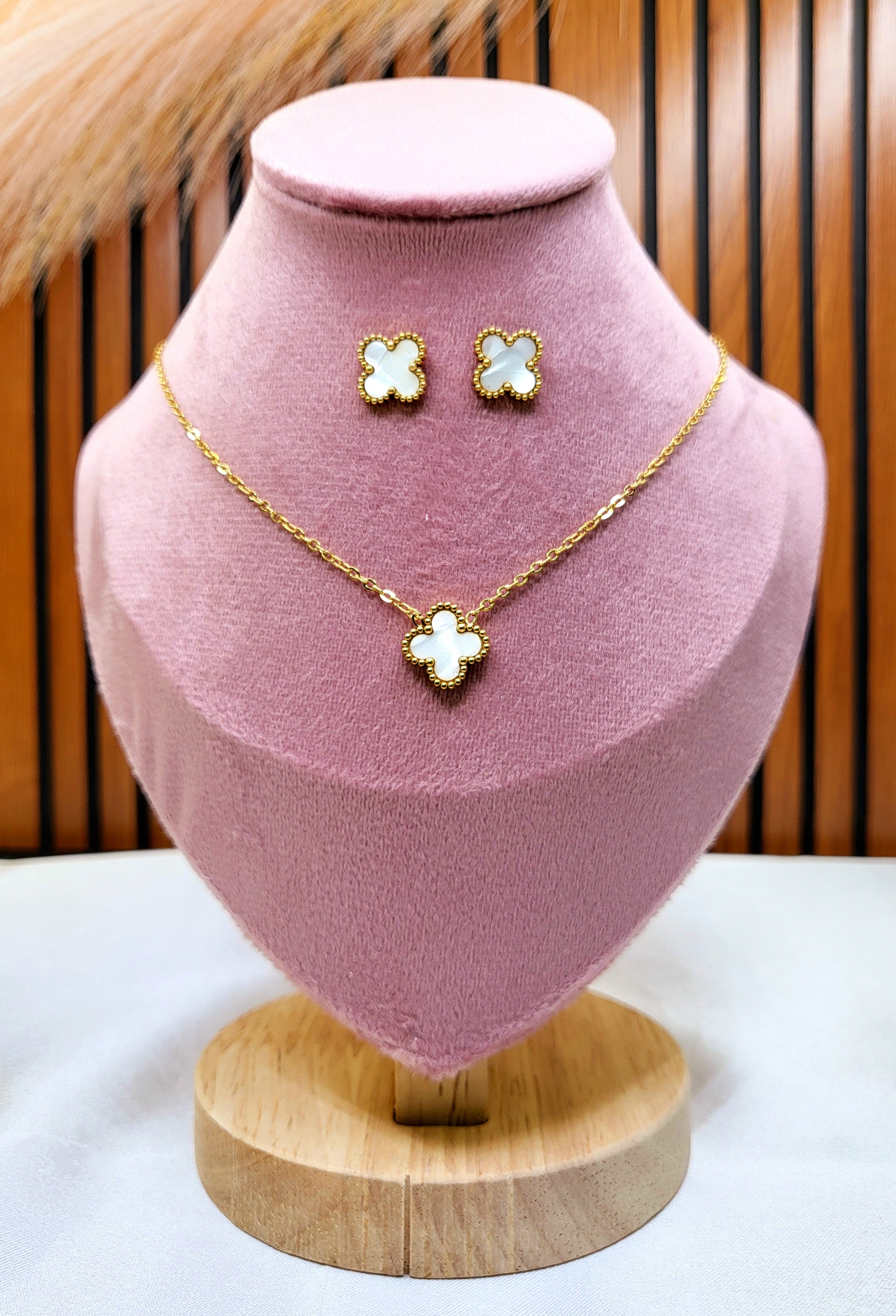 Norvyn Clover Pendant Set for Women | Gold-Plated Stainless Steel Necklace & Earrings Set | Elegant White Clover Jewellery