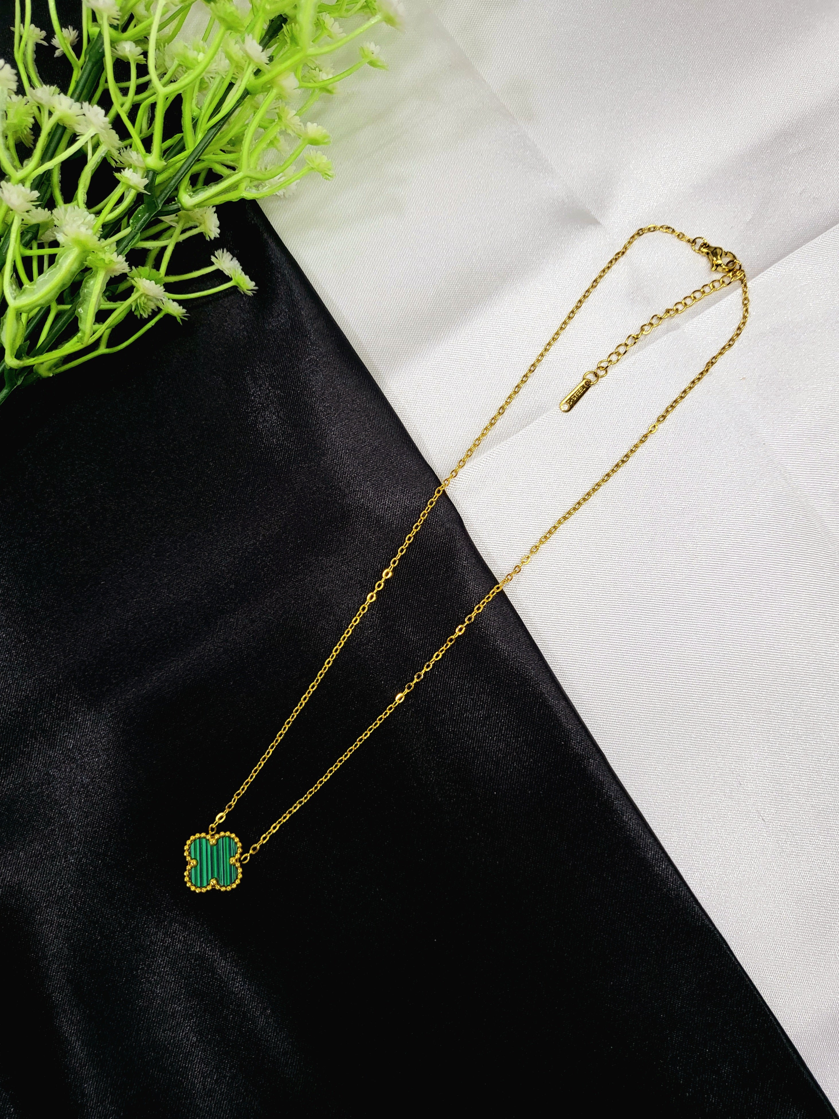 Orvyn Clover Pendant Set for Women | Green Clover Gold-Plated Stainless Steel Necklace & Earrings Set | Luxury Everyday Jewellery