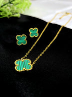 Orvyn Clover Pendant Set for Women | Green Clover Gold-Plated Stainless Steel Necklace & Earrings Set | Luxury Everyday Jewellery