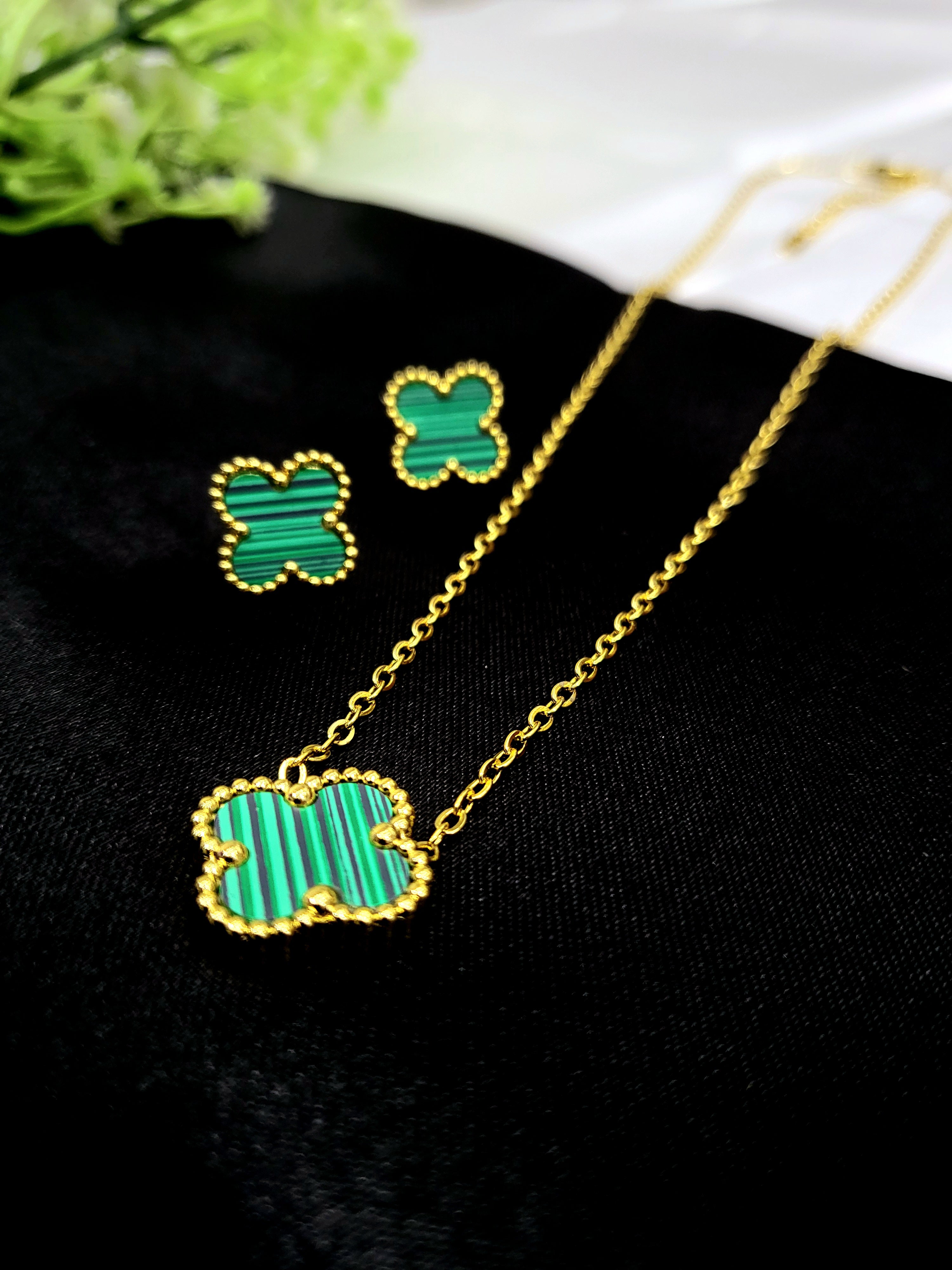 Orvyn Clover Pendant Set for Women | Green Clover Gold-Plated Stainless Steel Necklace & Earrings Set | Luxury Everyday Jewellery