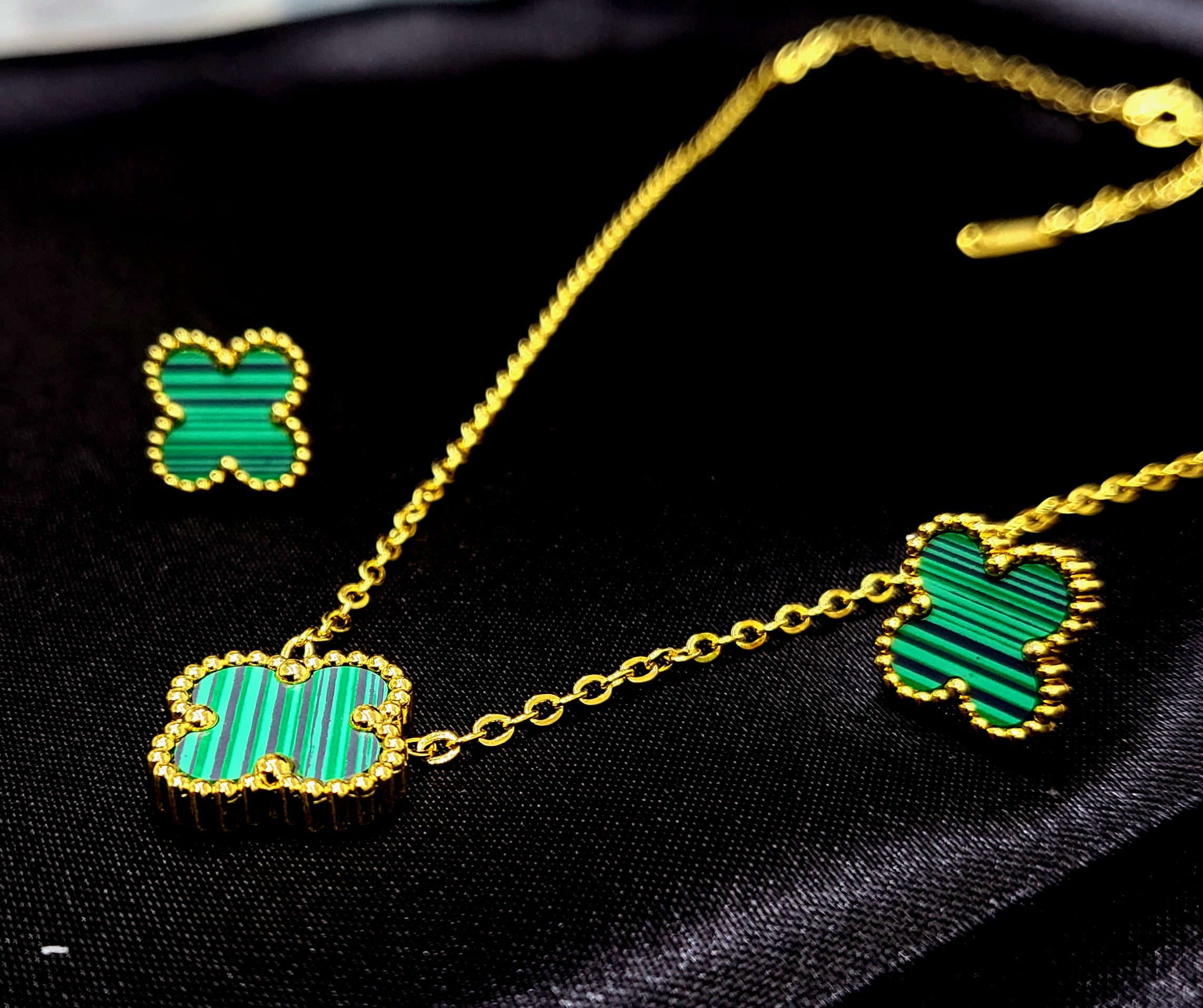 Orvyn Clover Pendant Set for Women | Green Clover Gold-Plated Stainless Steel Necklace & Earrings Set | Luxury Everyday Jewellery