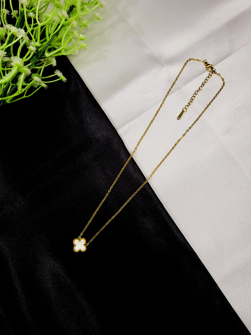 Norvyn Clover Pendant Set for Women | Gold-Plated Stainless Steel Necklace & Earrings Set | Elegant White Clover Jewellery