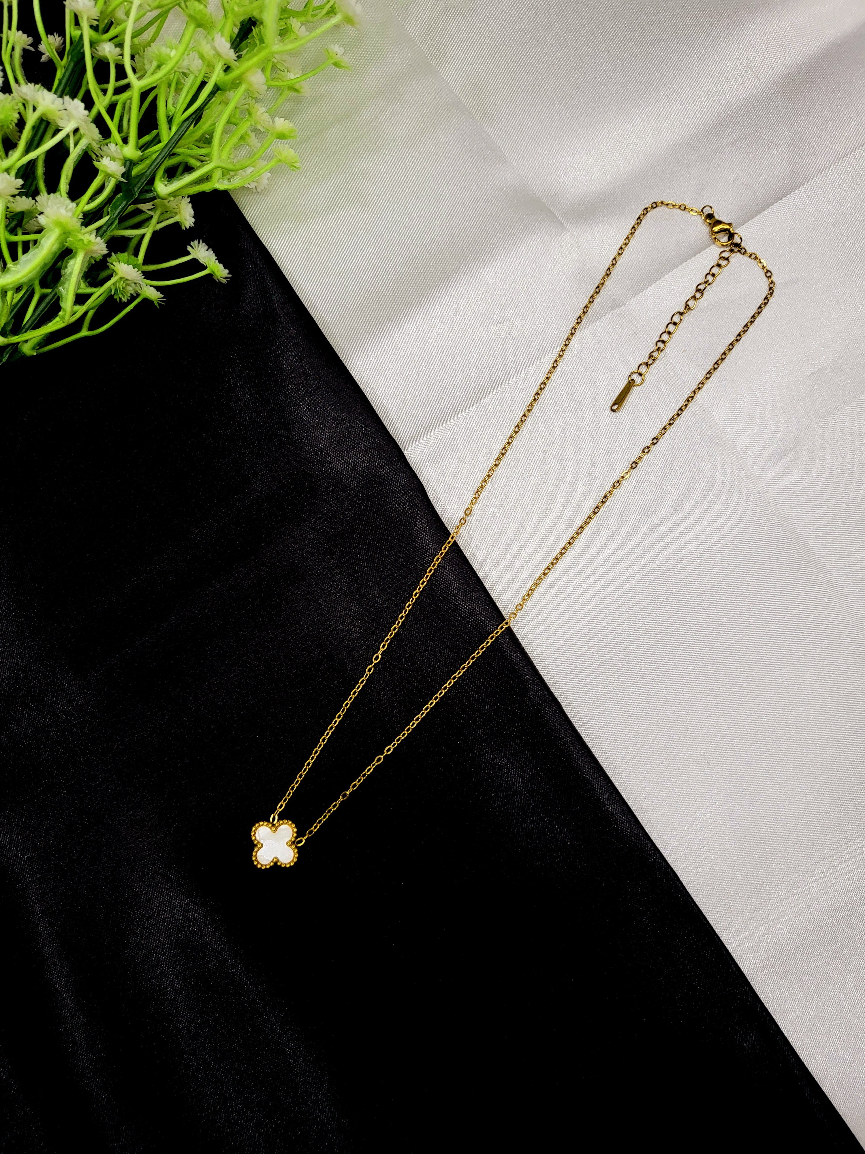 Norvyn Clover Pendant Set for Women | Gold-Plated Stainless Steel Necklace & Earrings Set | Elegant White Clover Jewellery