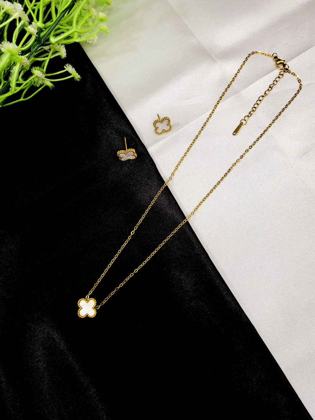 Norvyn Clover Pendant Set for Women | Gold-Plated Stainless Steel Necklace & Earrings Set | Elegant White Clover Jewellery