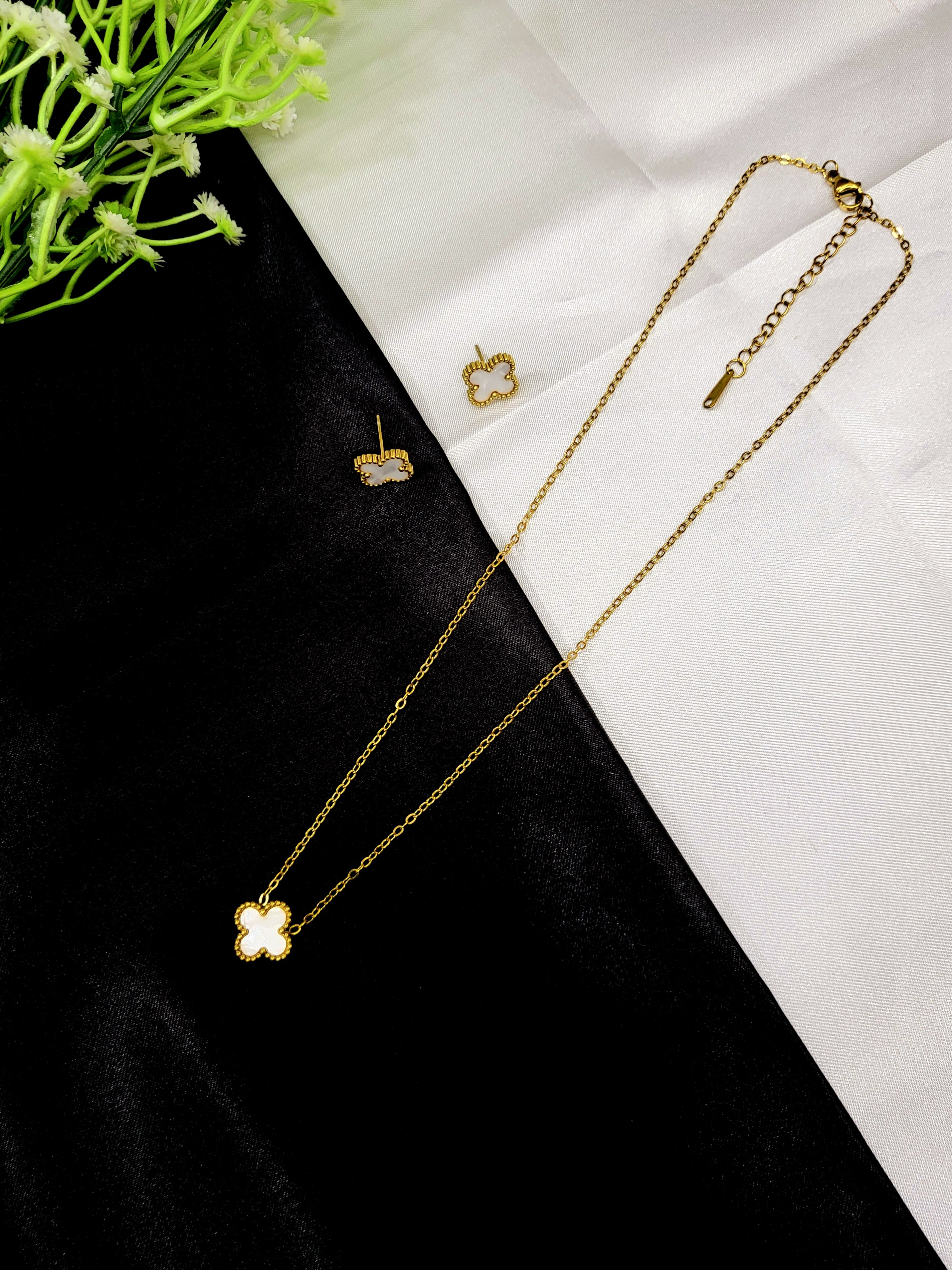 Norvyn Clover Pendant Set for Women | Gold-Plated Stainless Steel Necklace & Earrings Set | Elegant White Clover Jewellery