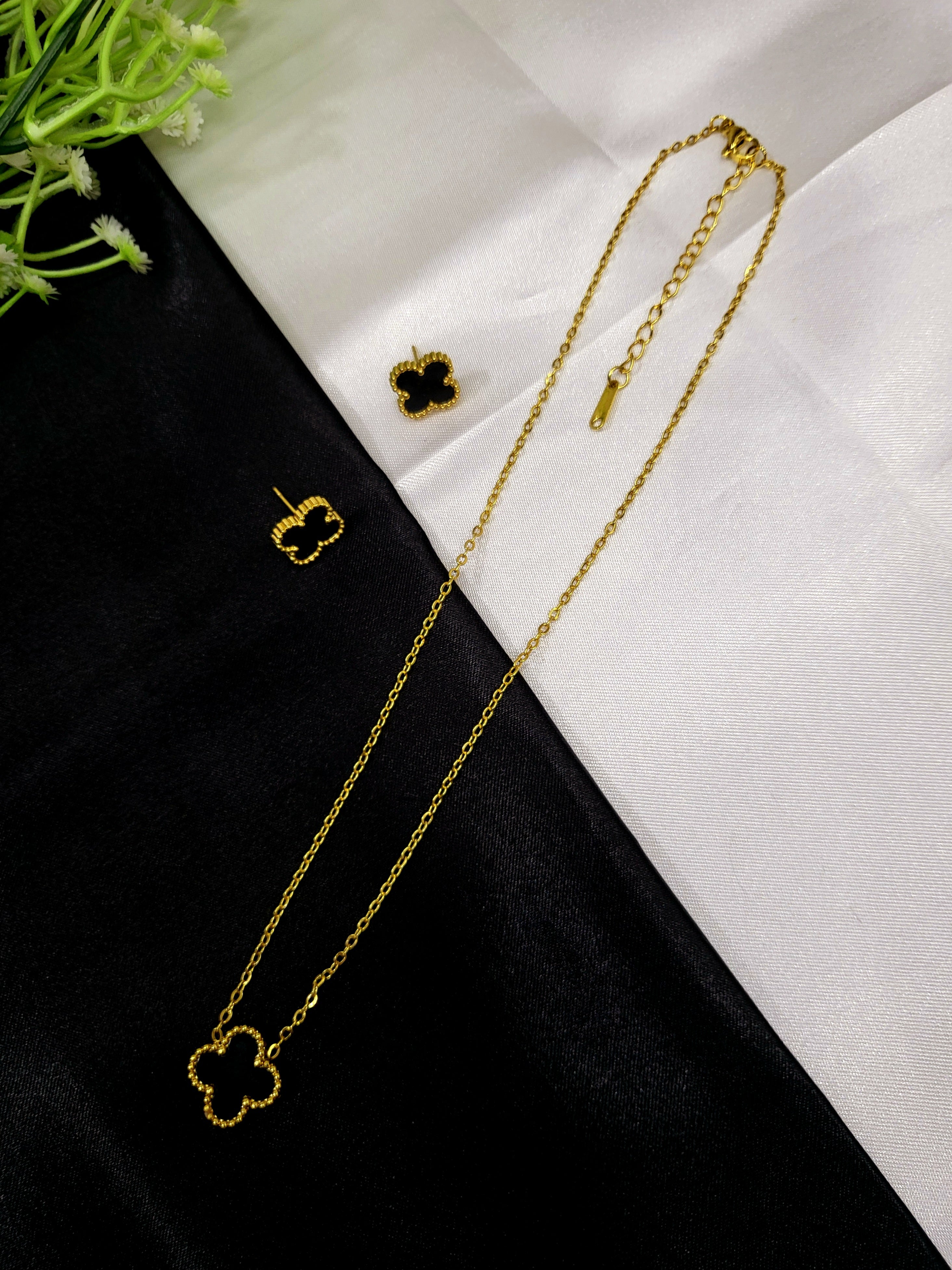 Lorvyn Clover Pendant Set for Women | Premium Stainless Steel Gold-Plated Necklace & Stud Earrings Set | Tarnish Resistant Jewellery