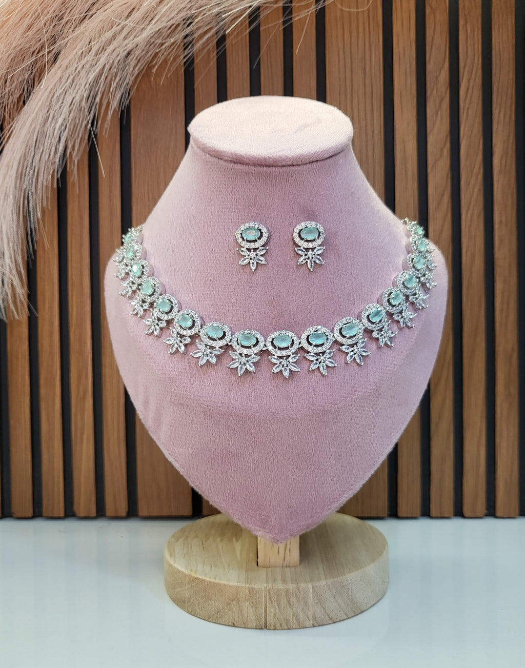 Seraphine Sea Green Necklace Set with Earrings | Diamond Finish Bridal Jewellery