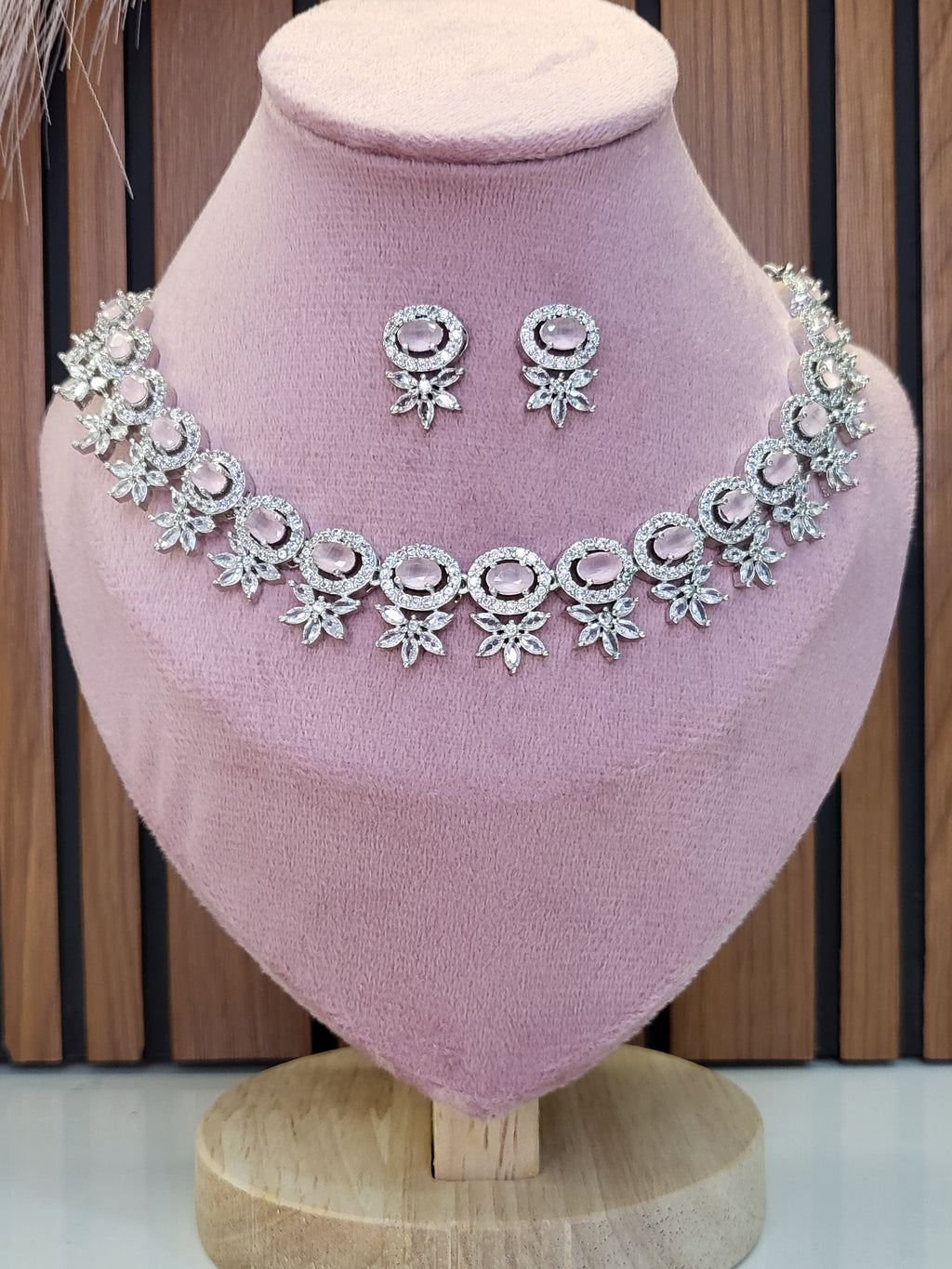 Seraphine Pink Necklace Set with Earrings | Diamond Finish Bridal Jewellery