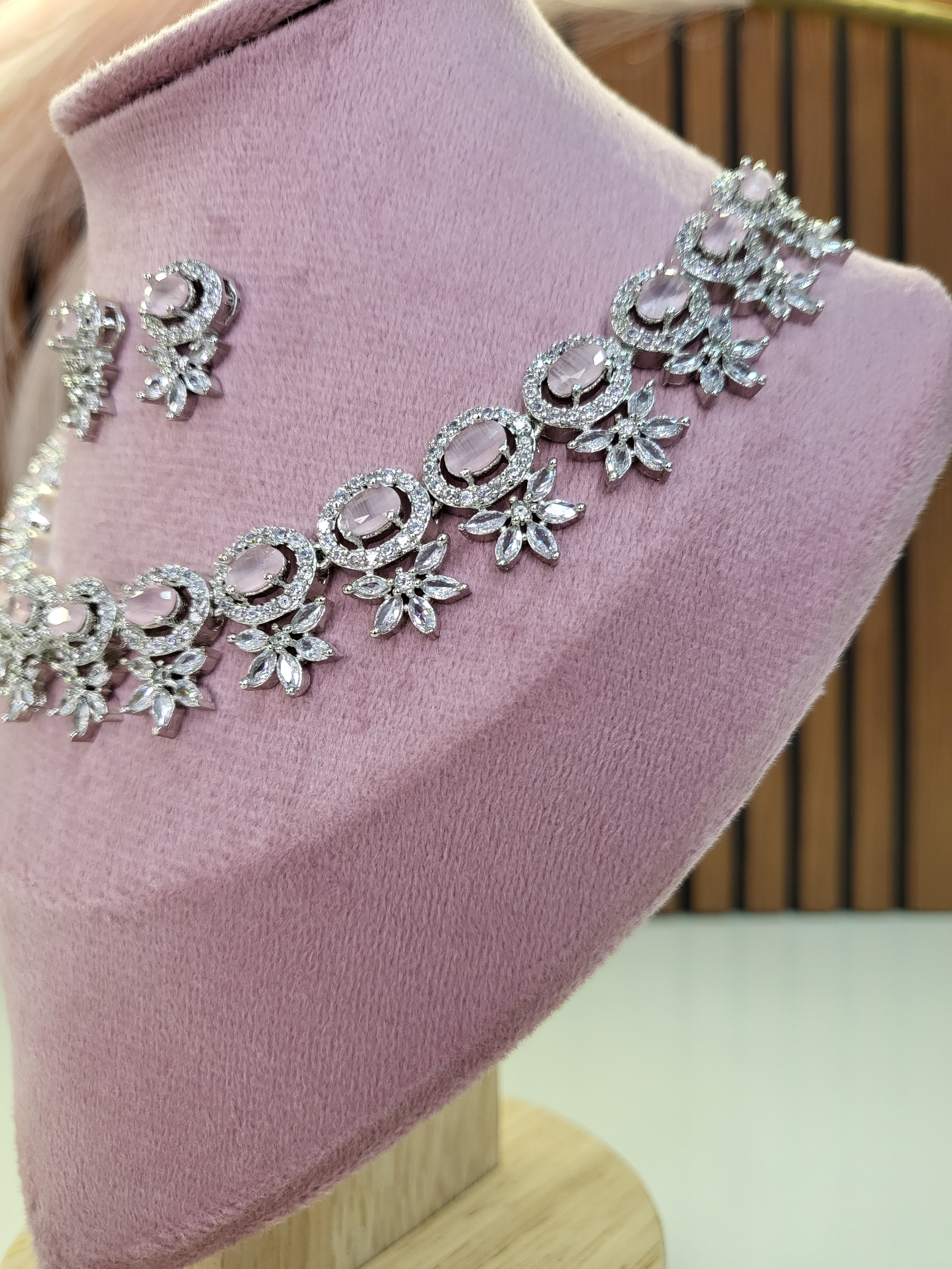 Seraphine Pink Necklace Set with Earrings | Diamond Finish Bridal Jewellery