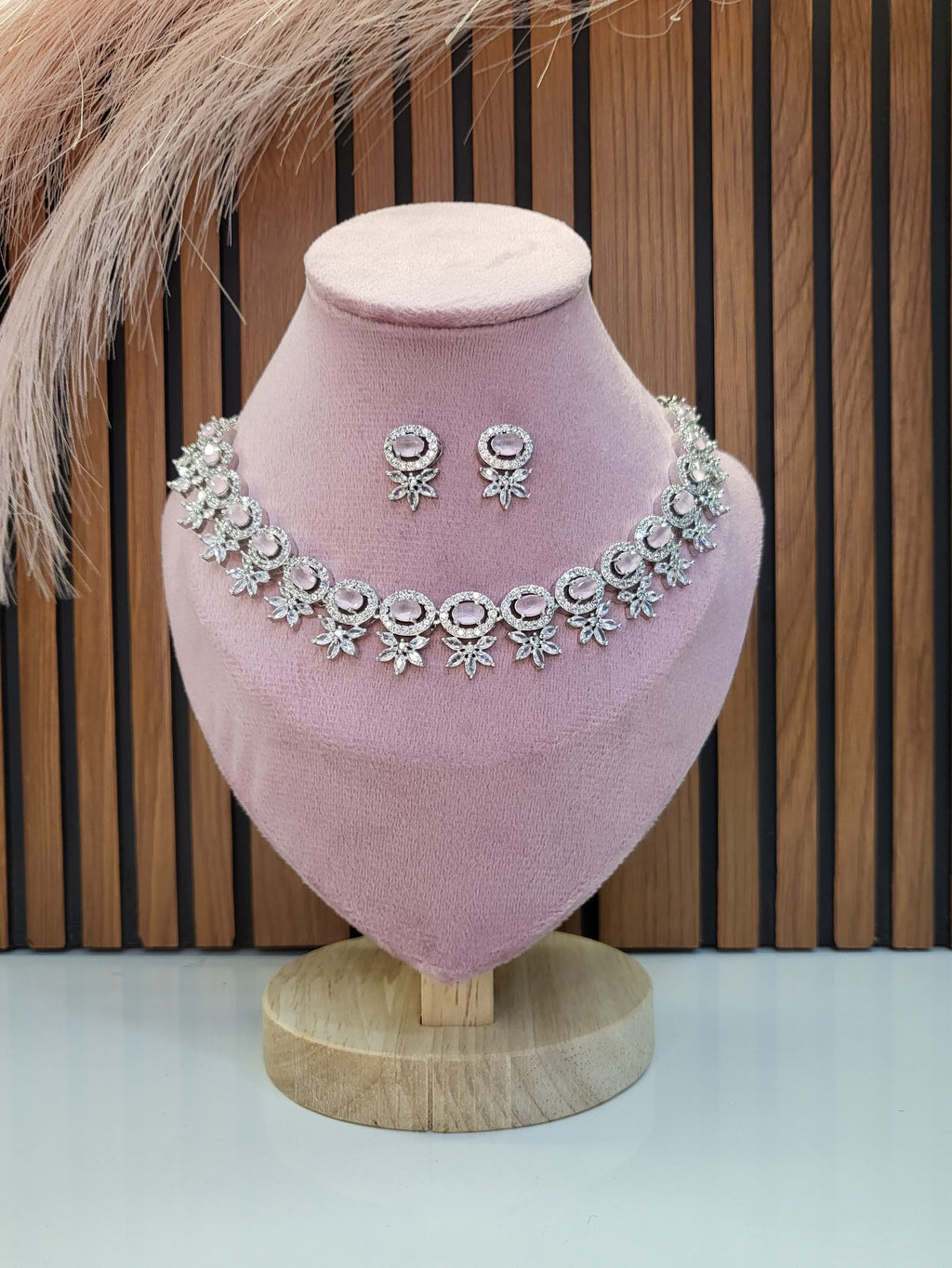 Seraphine Pink Necklace Set with Earrings | Diamond Finish Bridal Jewellery