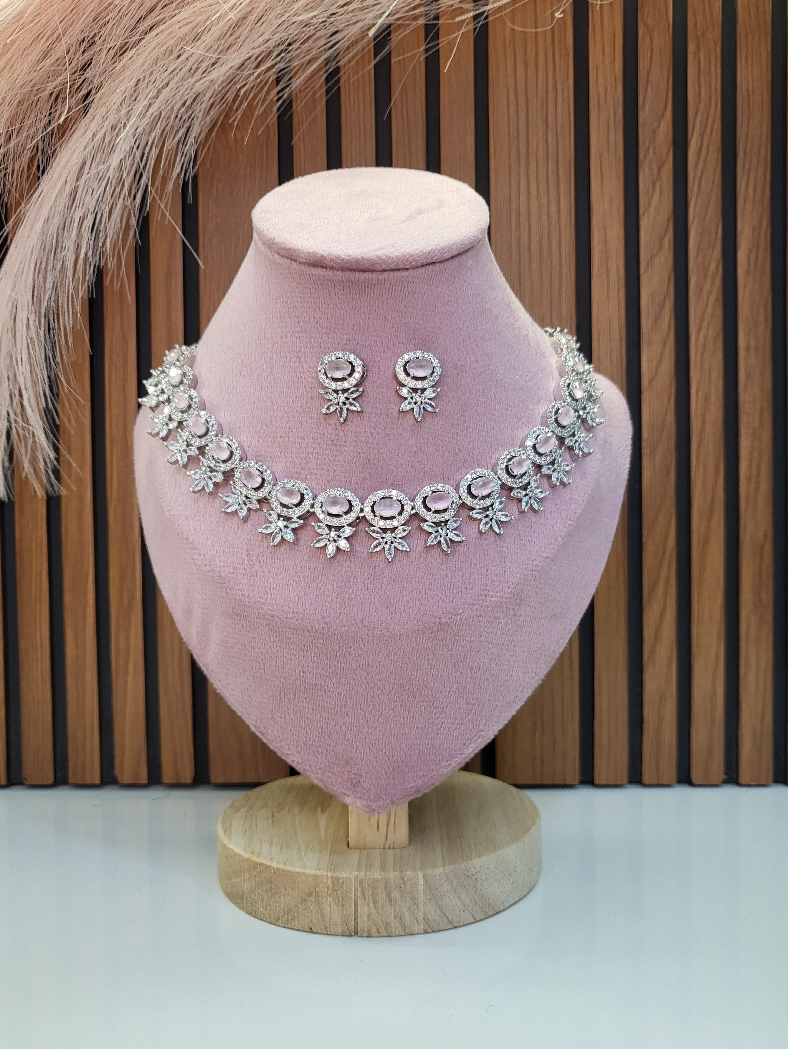 Seraphine Pink Necklace Set with Earrings | Diamond Finish Bridal Jewellery