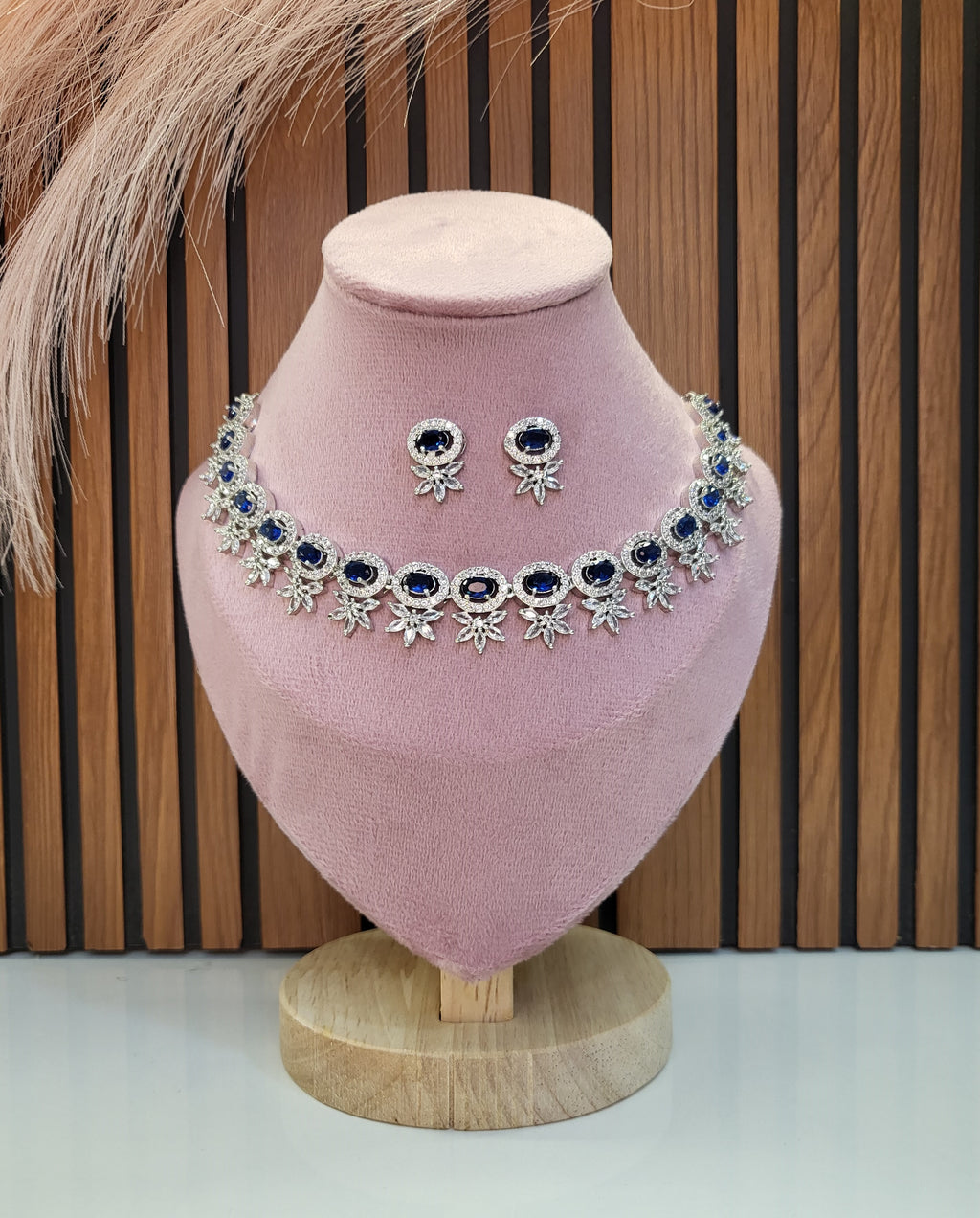 Seraphine Sapphire Blue Necklace Set with Earrings | Diamond Finish Bridal Jewellery