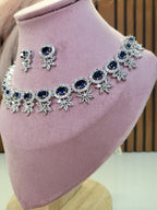 Seraphine Sapphire Blue Necklace Set with Earrings | Diamond Finish Bridal Jewellery