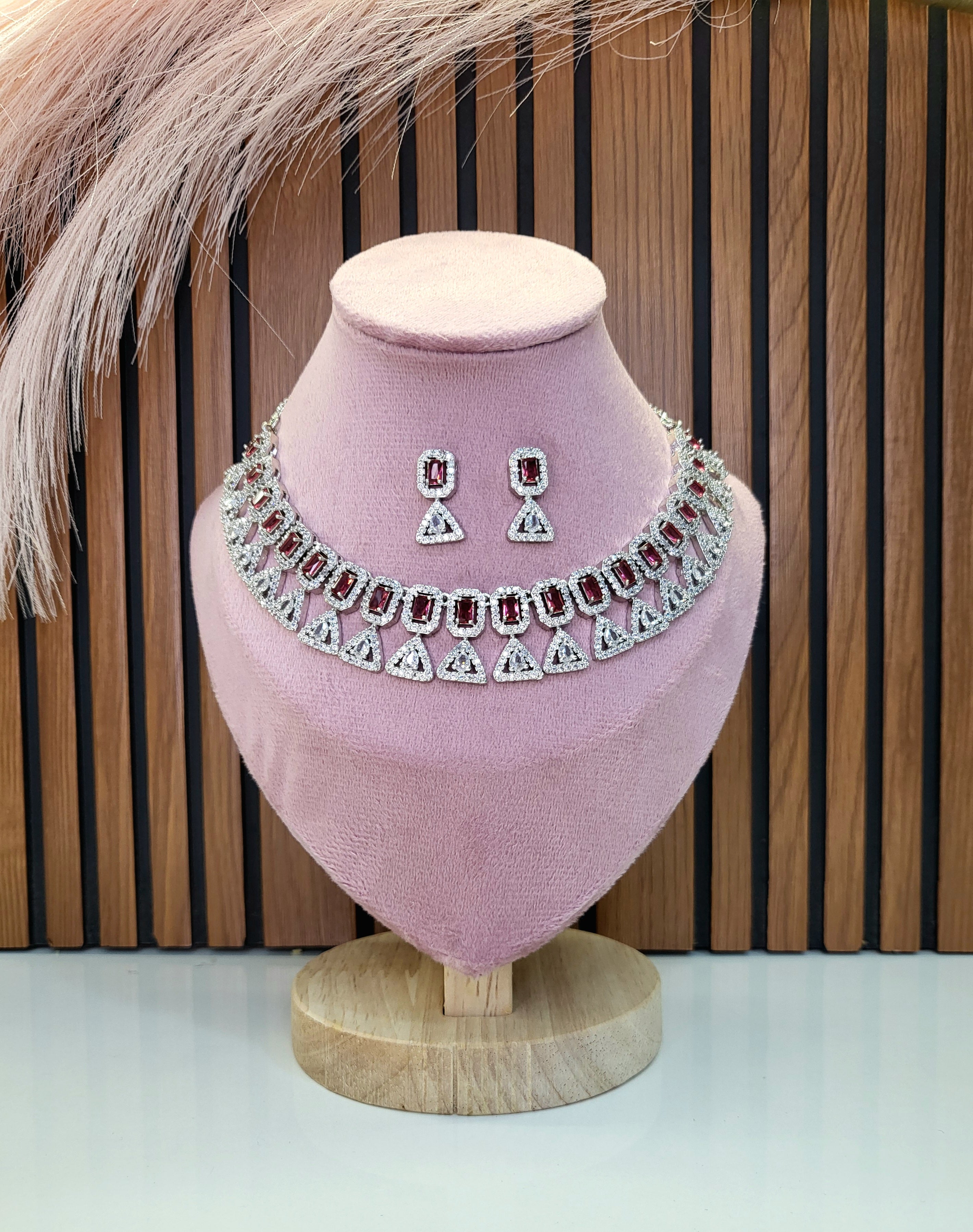 Elowen Ruby Red Luxury Necklace Set with Earrings | Diamond Finish Bridal Jewellery