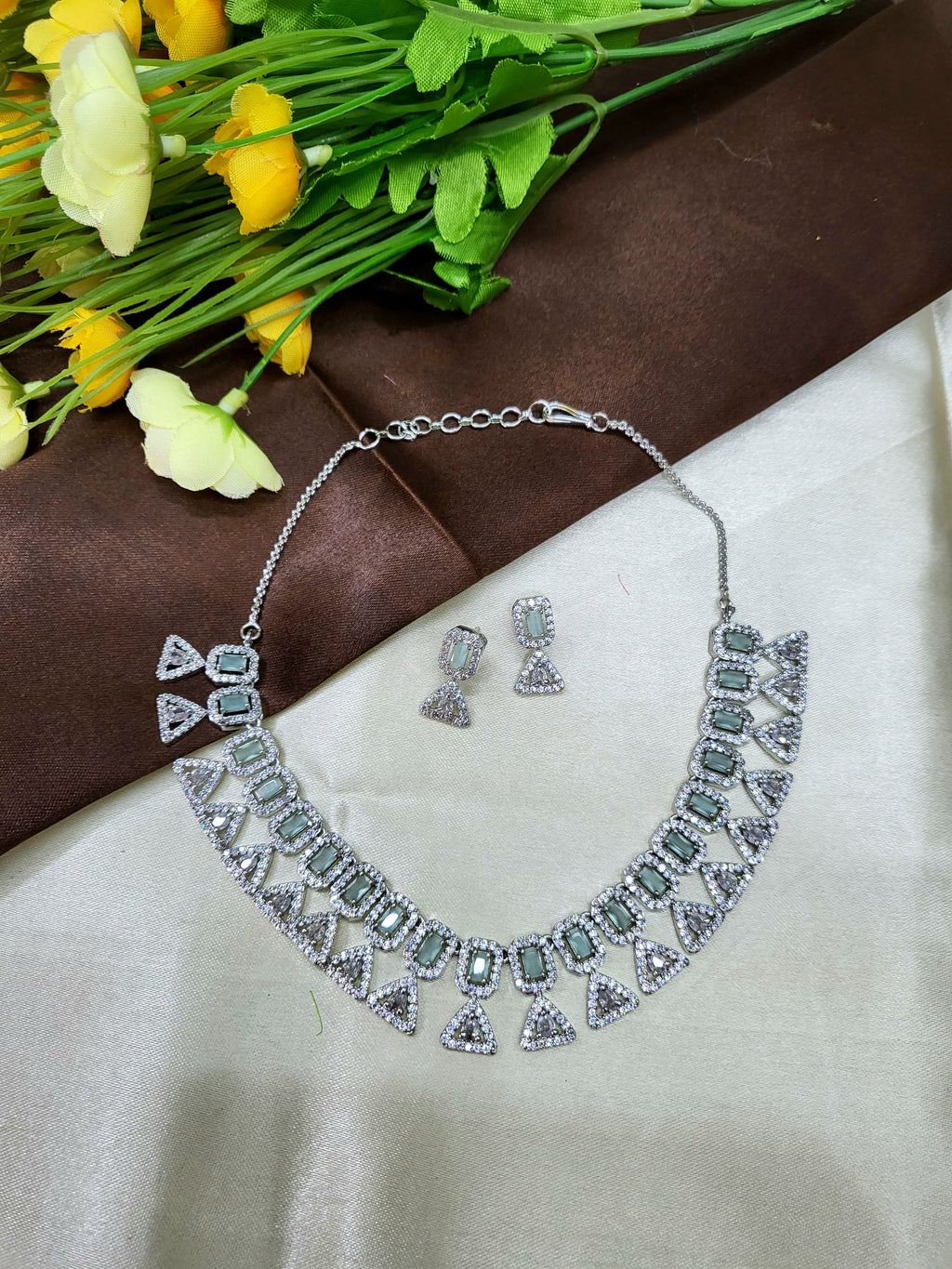 Elowen Sea Green Luxury Necklace Set with Earrings | Diamond Finish Bridal Jewellery