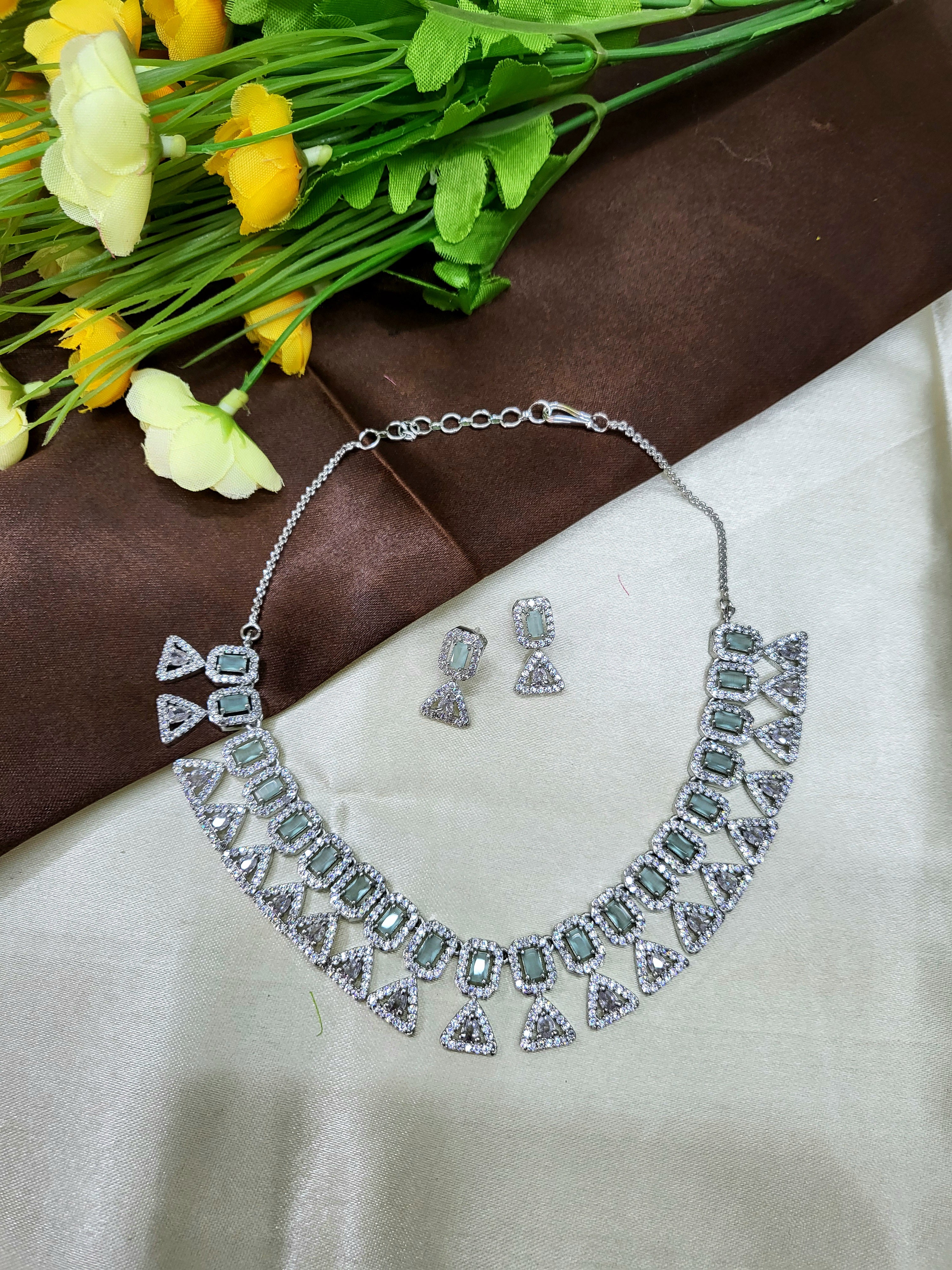 Elowen Sea Green Luxury Necklace Set with Earrings | Diamond Finish Bridal Jewellery