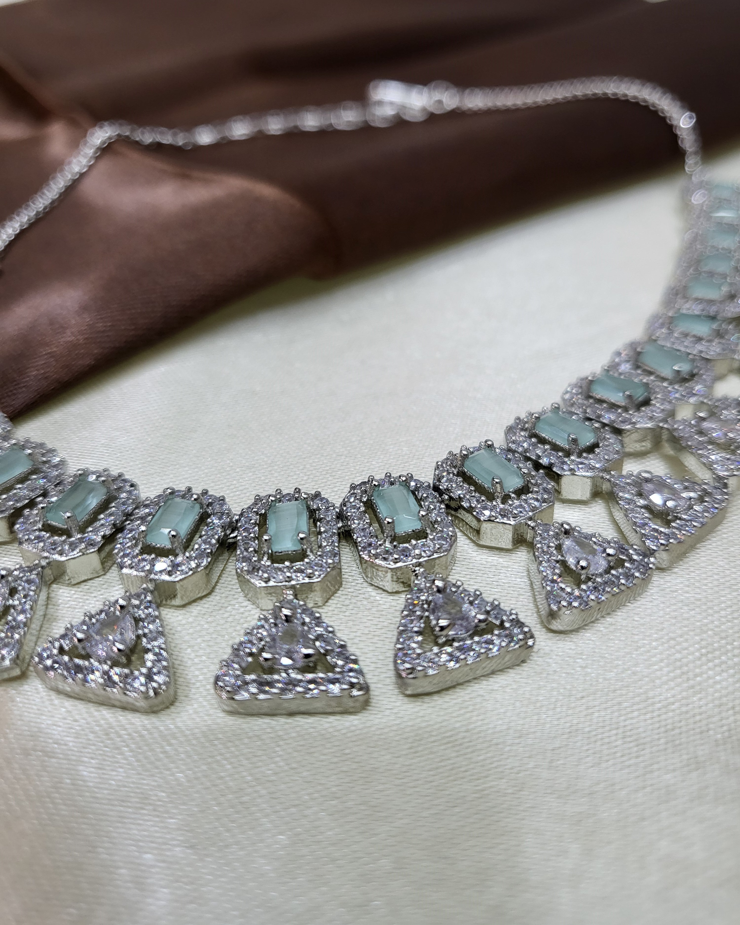 Elowen Sea Green Luxury Necklace Set with Earrings | Diamond Finish Bridal Jewellery