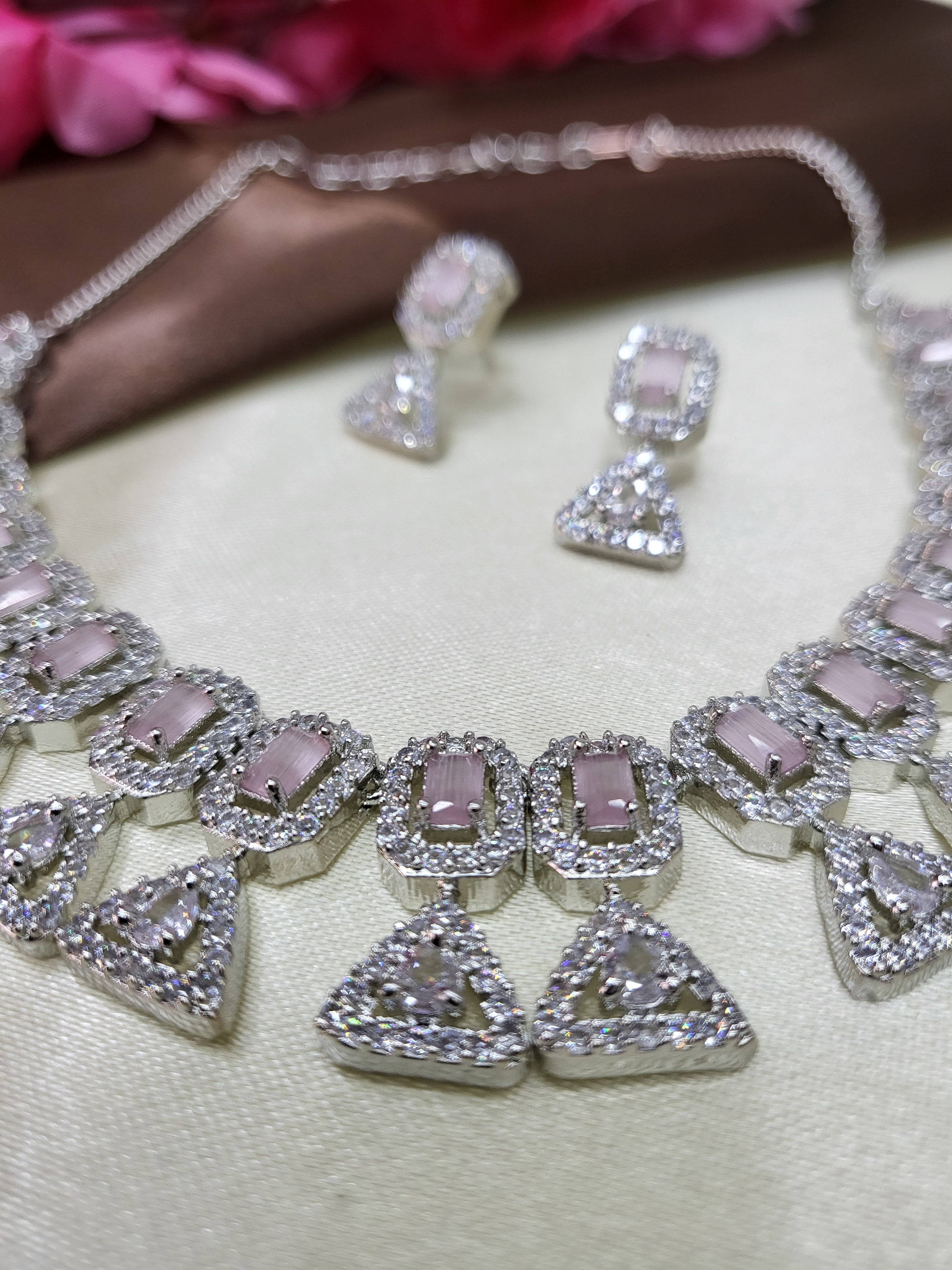 Elowen Pink Luxury Necklace Set with Earrings | Diamond Finish Bridal Jewellery