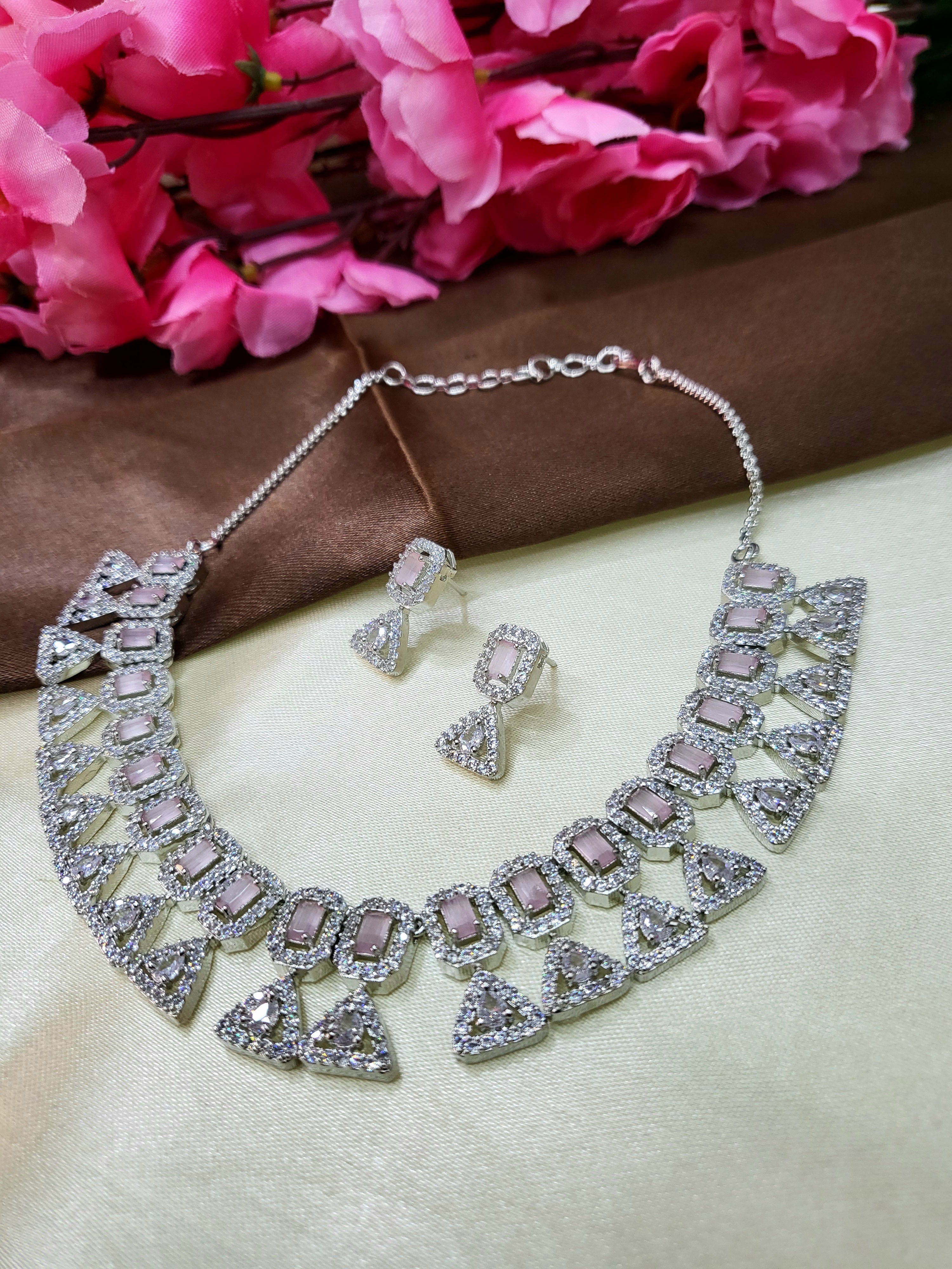 Elowen Pink Luxury Necklace Set with Earrings | Diamond Finish Bridal Jewellery