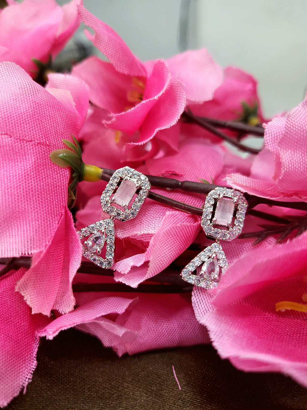 Elowen Pink Luxury Necklace Set with Earrings | Diamond Finish Bridal Jewellery
