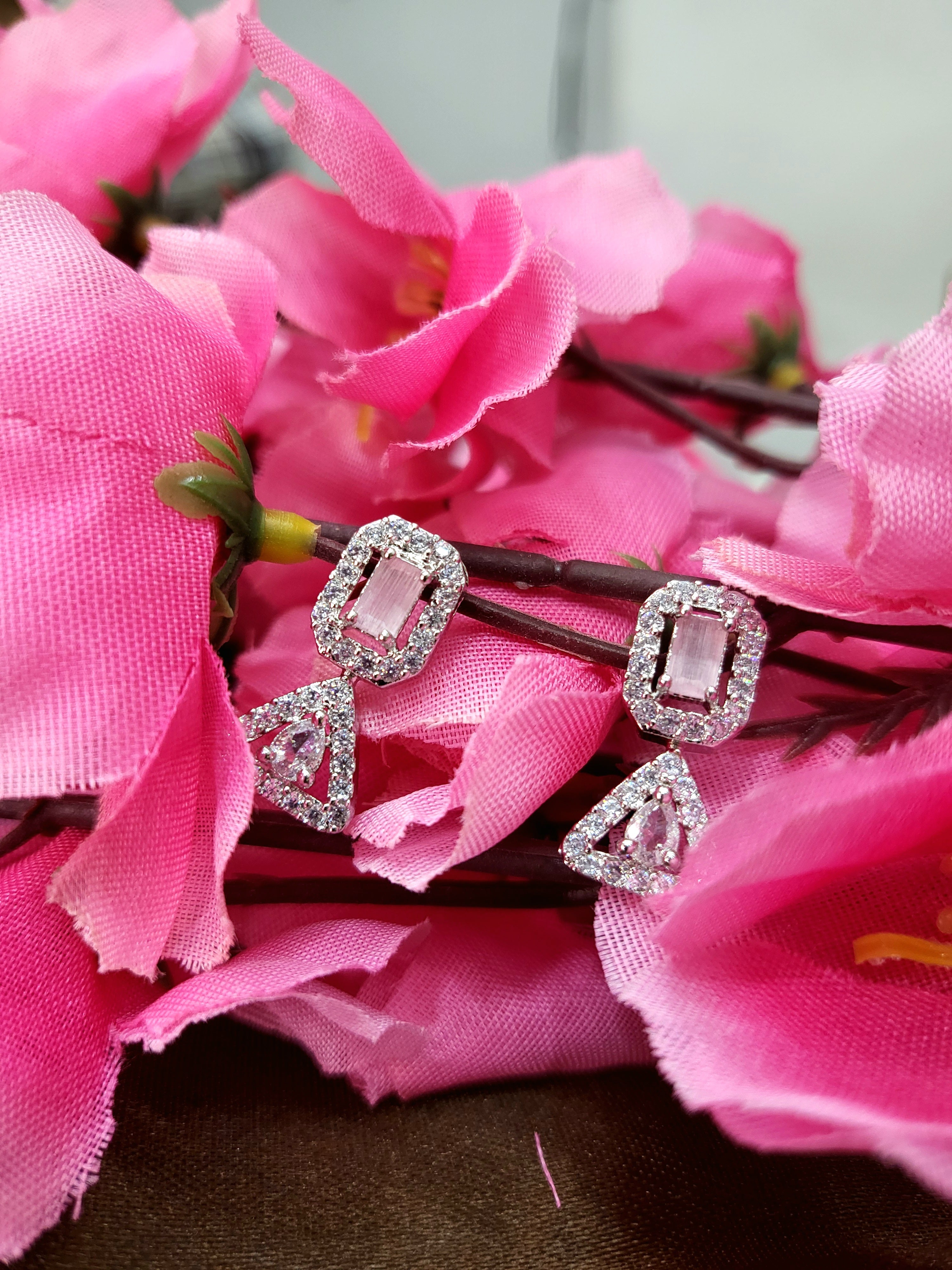 Elowen Pink Luxury Necklace Set with Earrings | Diamond Finish Bridal Jewellery