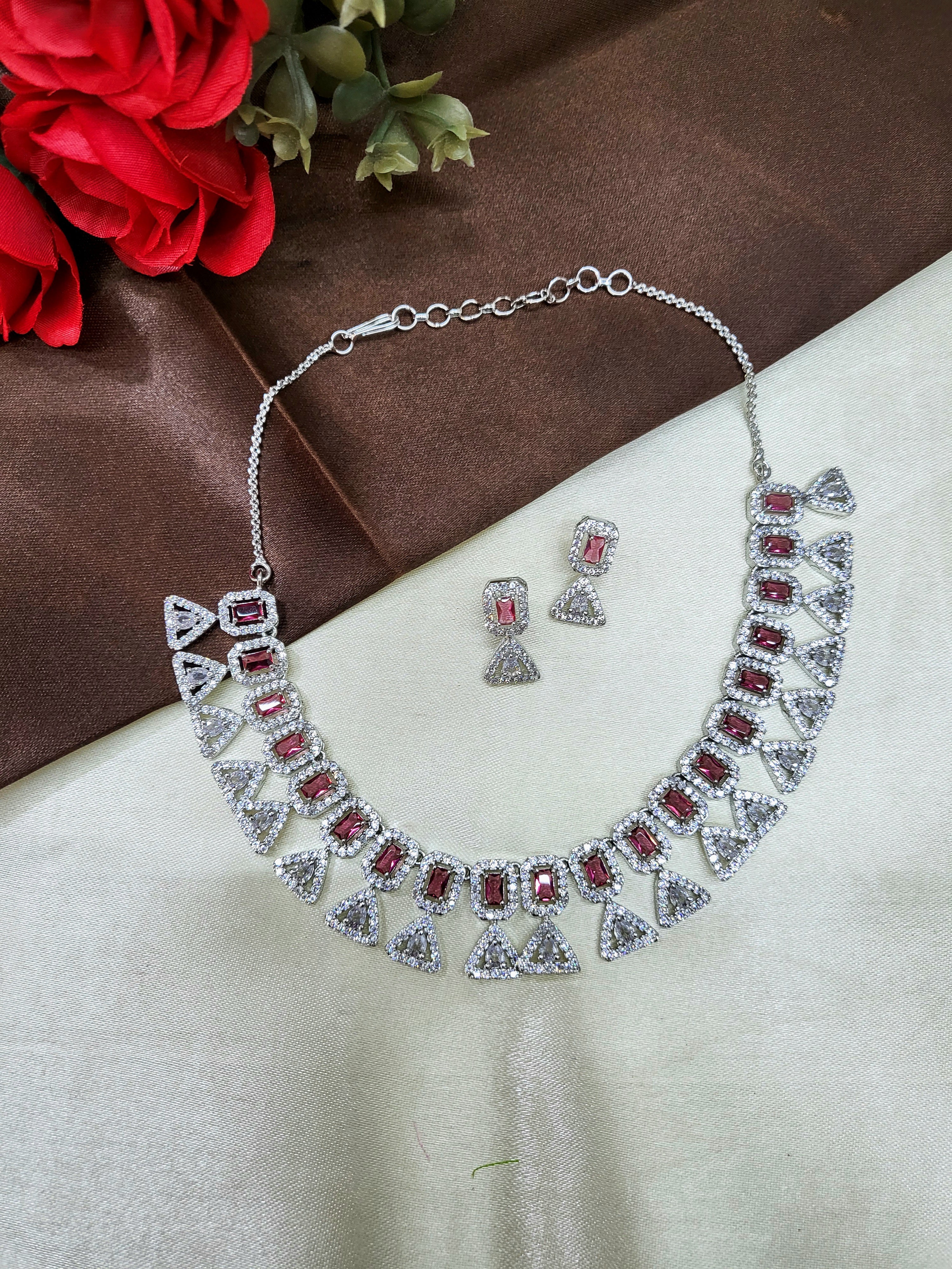 Elowen Ruby Red Luxury Necklace Set with Earrings | Diamond Finish Bridal Jewellery