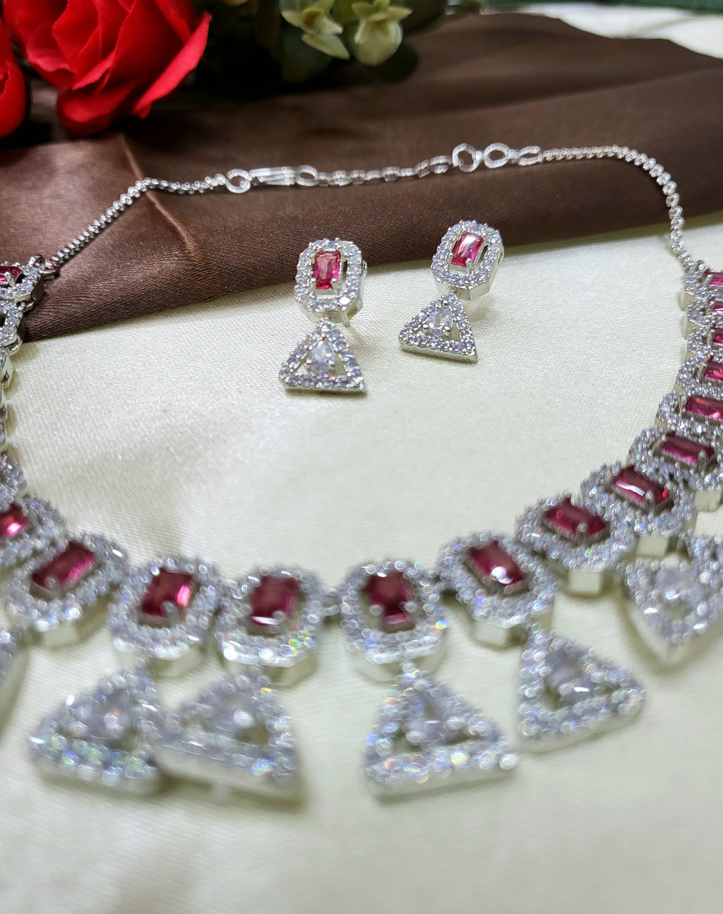 Elowen Ruby Red Luxury Necklace Set with Earrings | Diamond Finish Bridal Jewellery