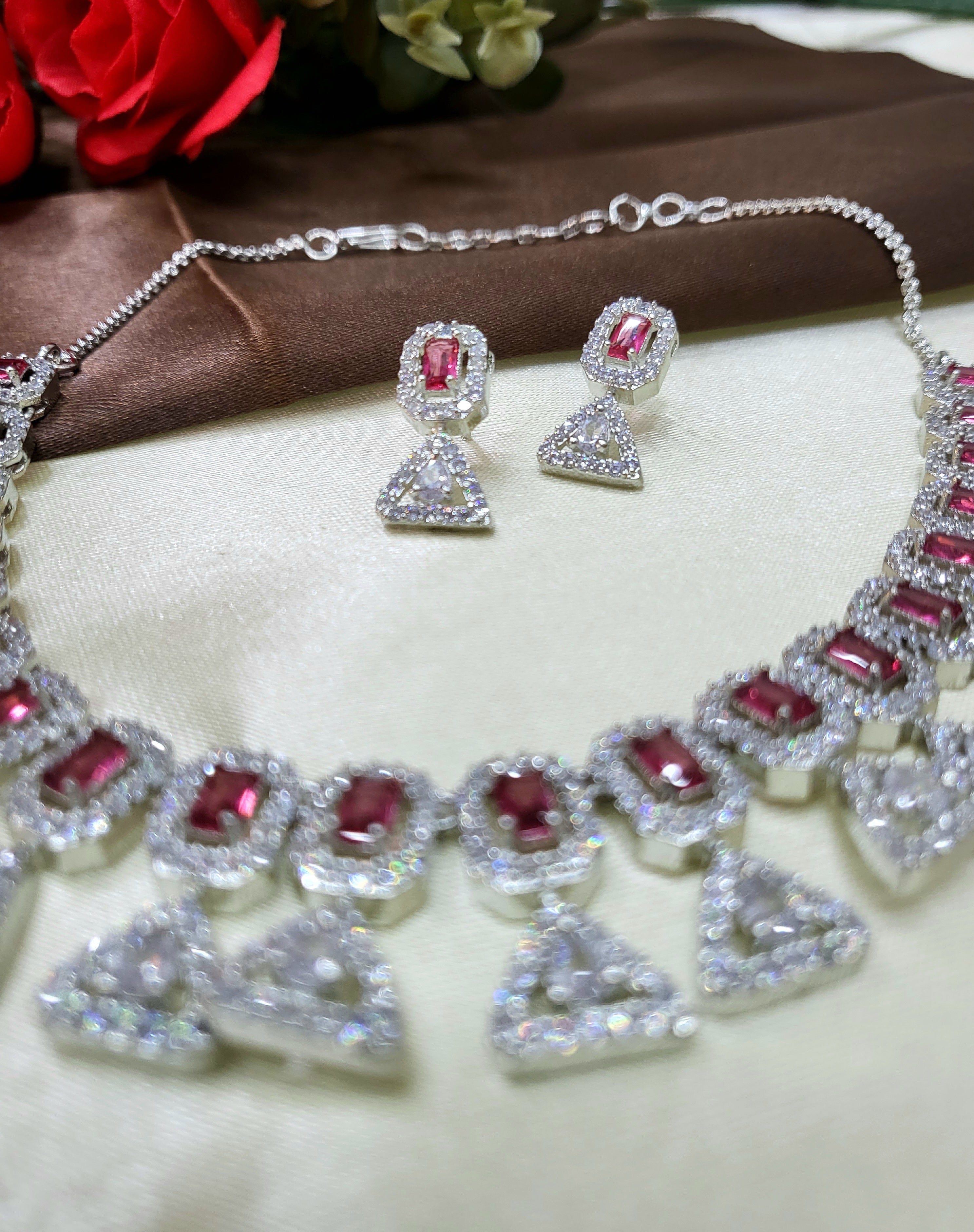 Elowen Ruby Red Luxury Necklace Set with Earrings | Diamond Finish Bridal Jewellery