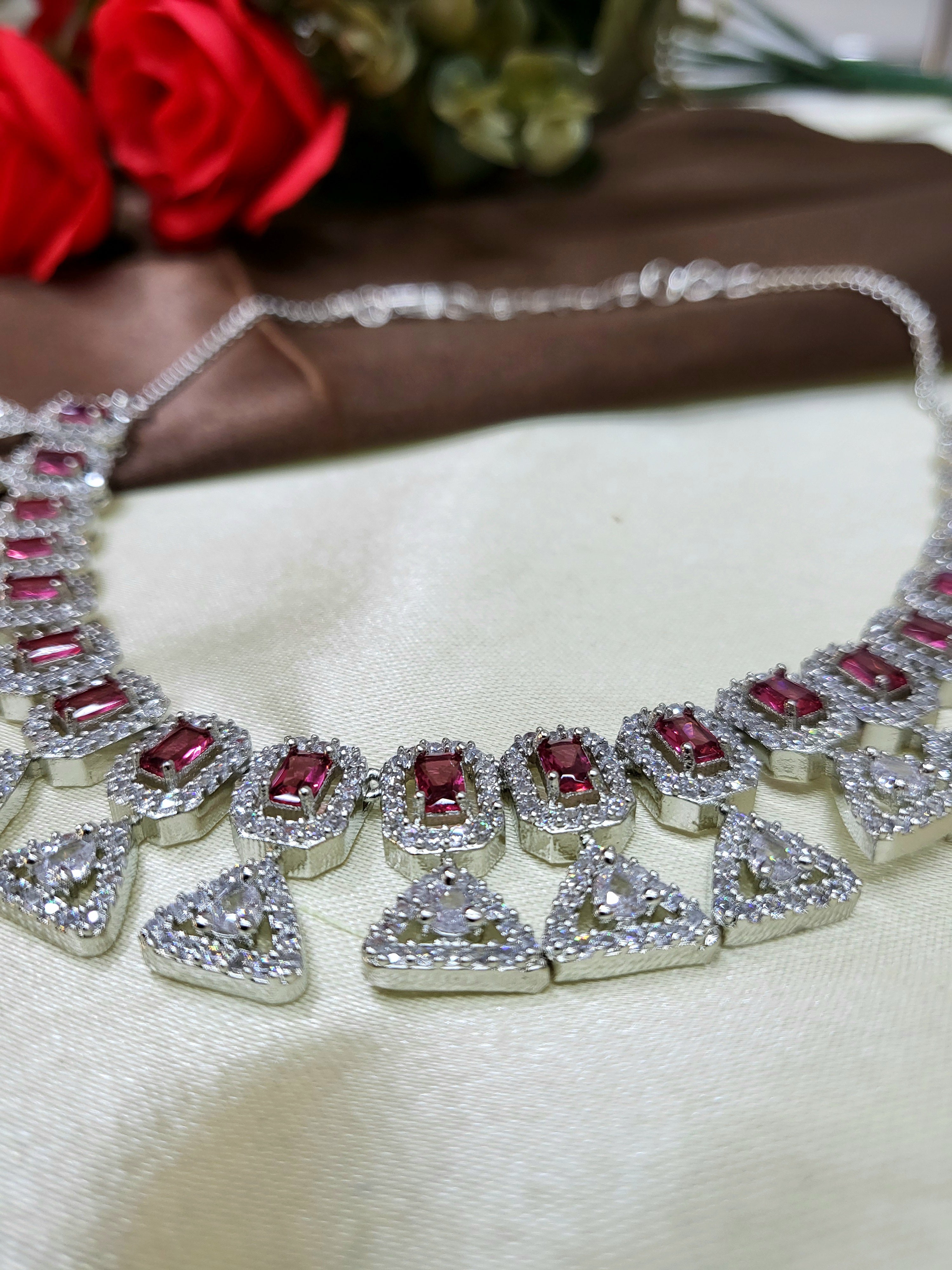 Elowen Ruby Red Luxury Necklace Set with Earrings | Diamond Finish Bridal Jewellery