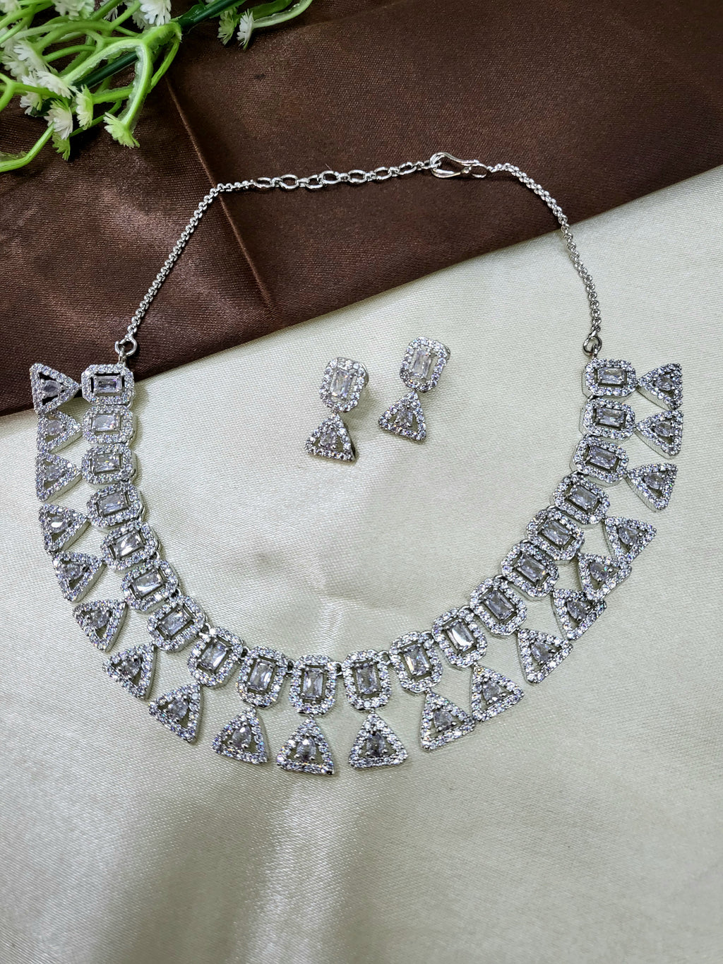 Elowen White Luxury Necklace Set with Earrings | Diamond Finish Bridal Jewellery