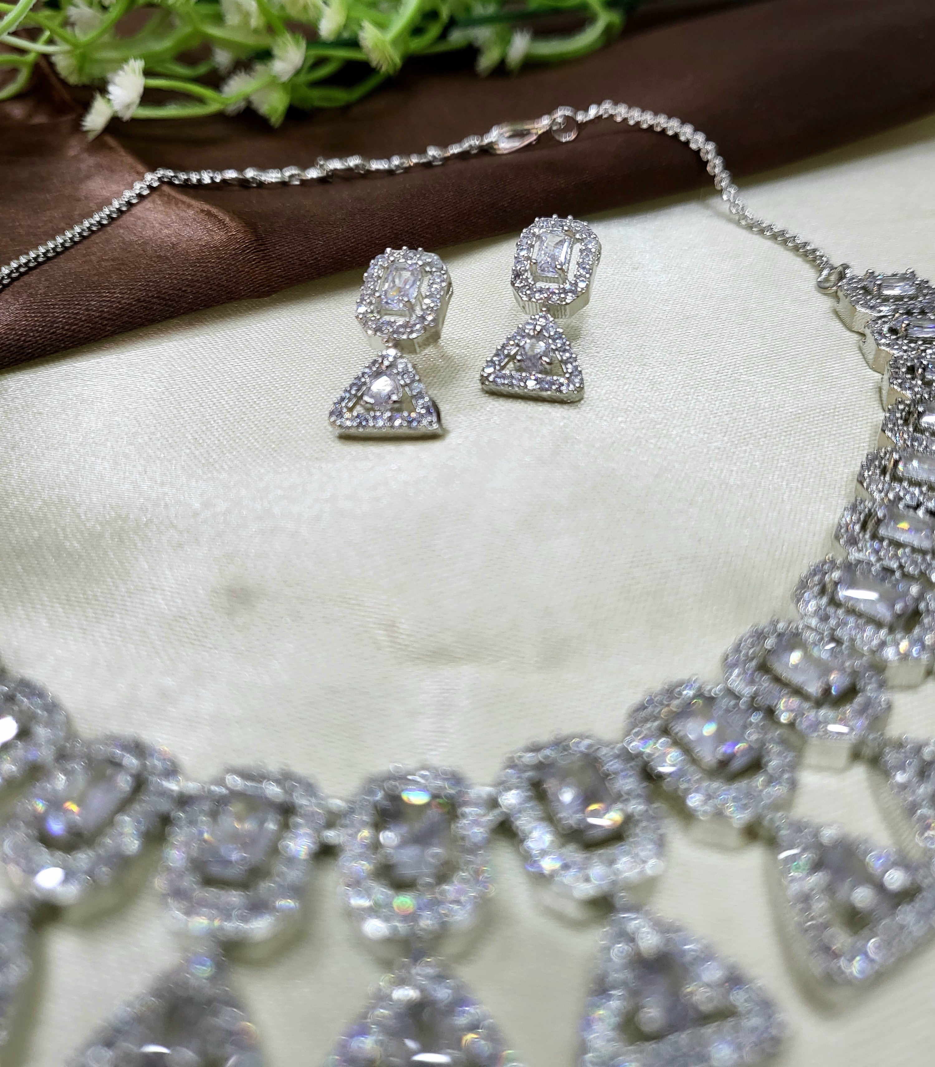 Elowen White Luxury Necklace Set with Earrings | Diamond Finish Bridal Jewellery