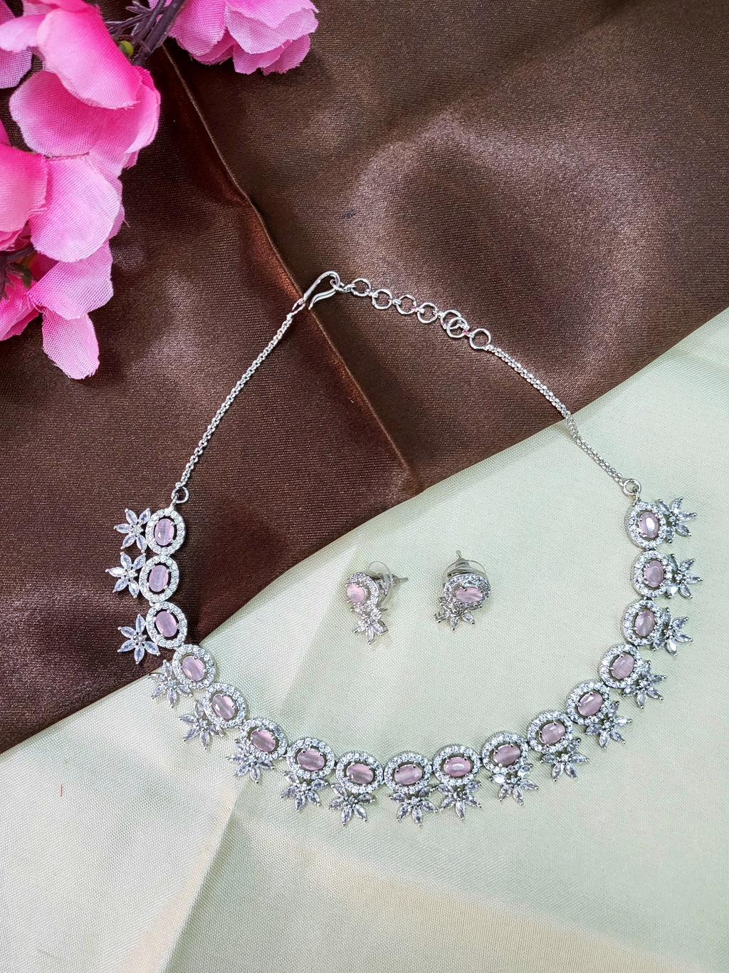 Seraphine Pink Necklace Set with Earrings | Diamond Finish Bridal Jewellery