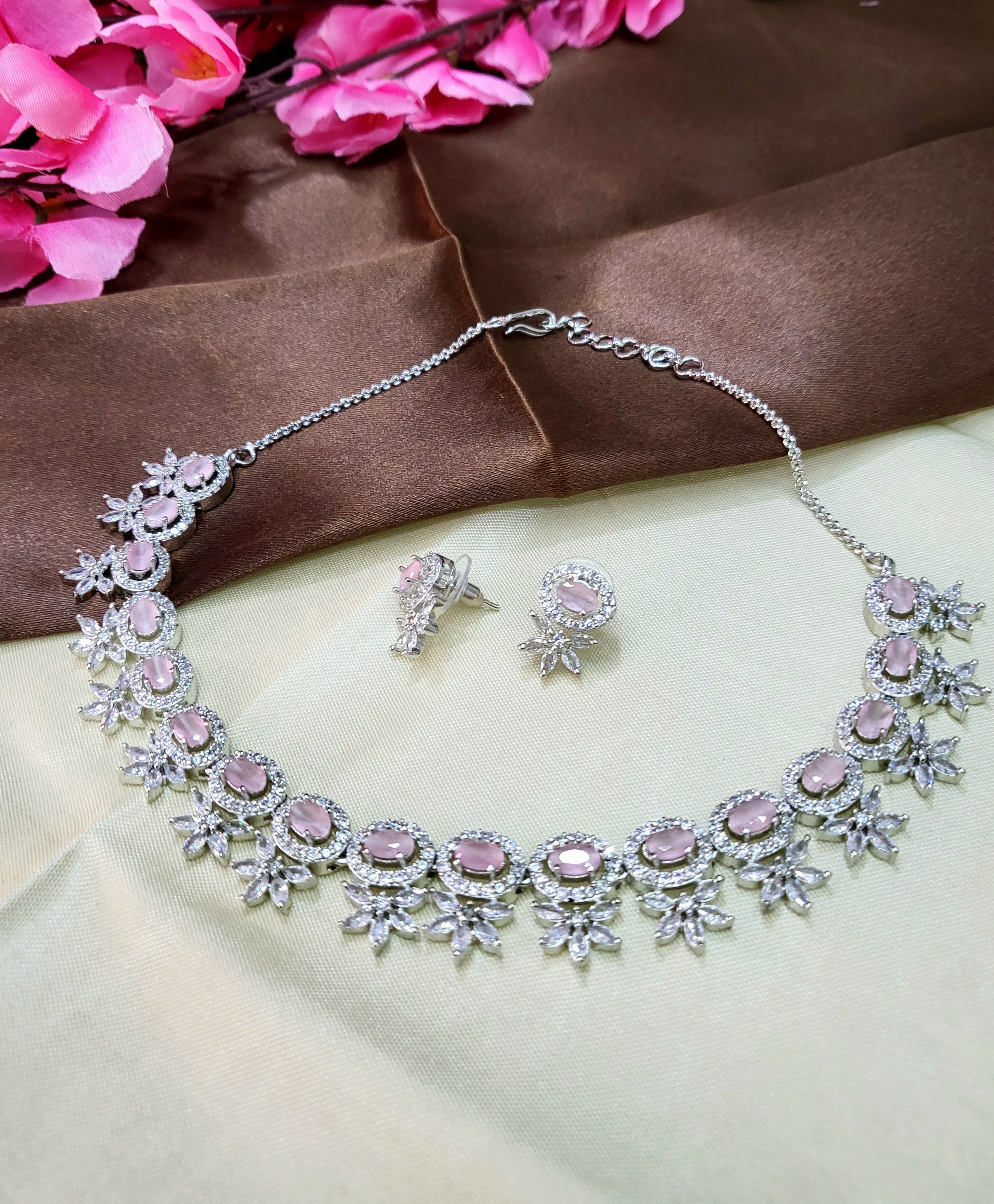 Seraphine Pink Necklace Set with Earrings | Diamond Finish Bridal Jewellery