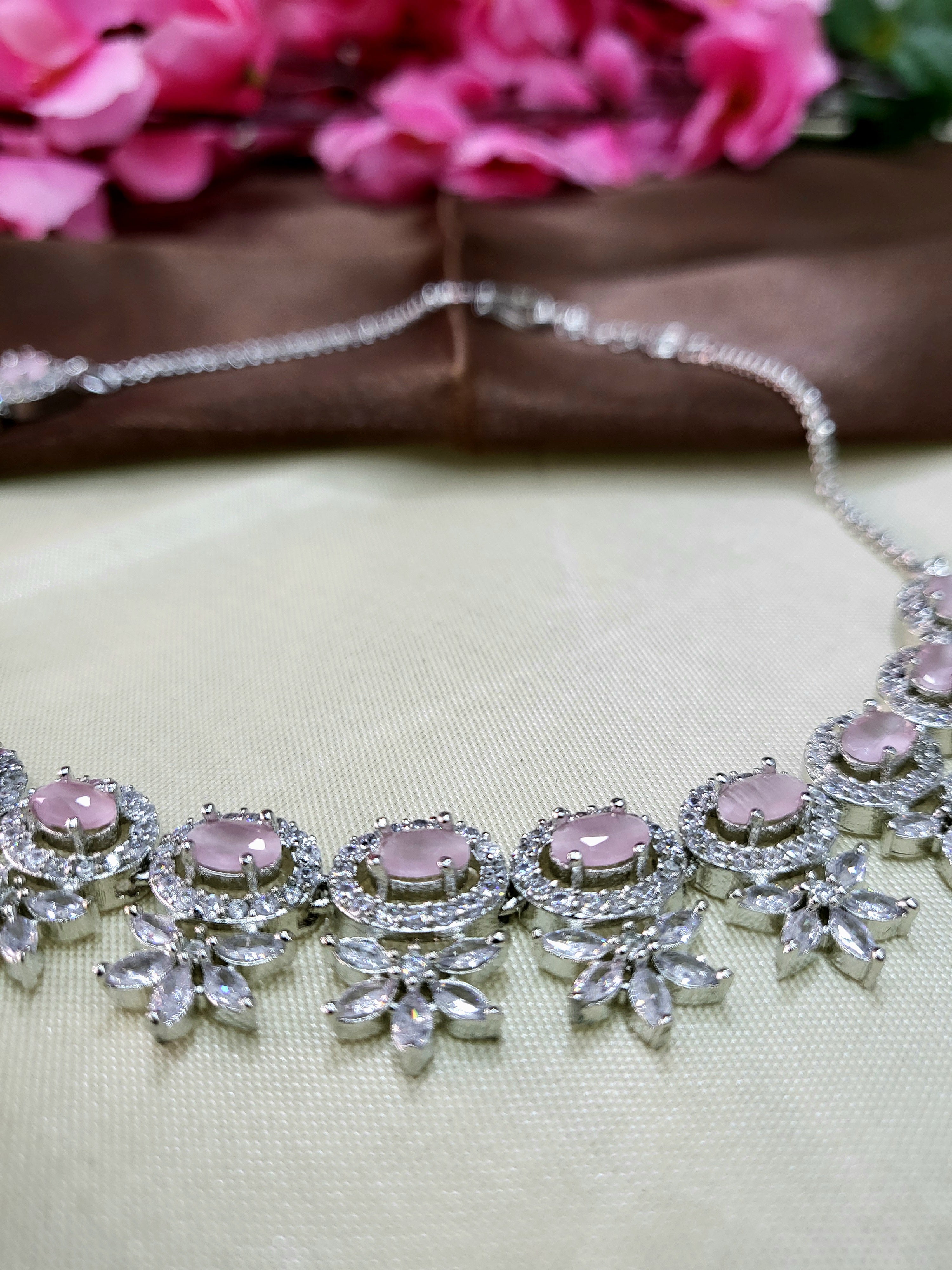 Seraphine Pink Necklace Set with Earrings | Diamond Finish Bridal Jewellery