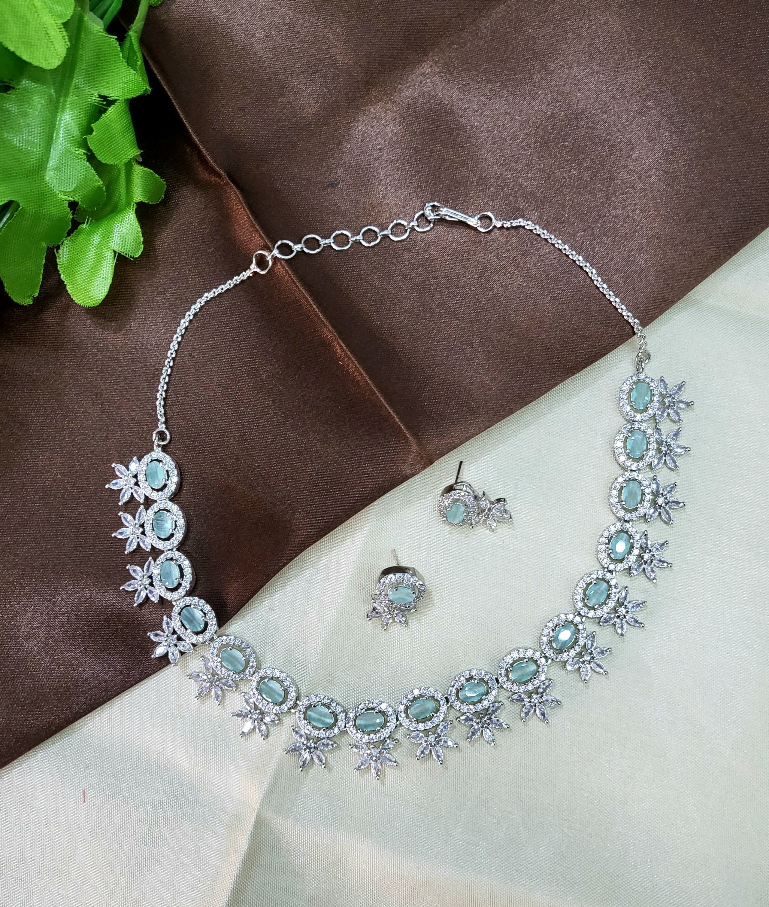 Seraphine Sea Green Necklace Set with Earrings | Diamond Finish Bridal Jewellery