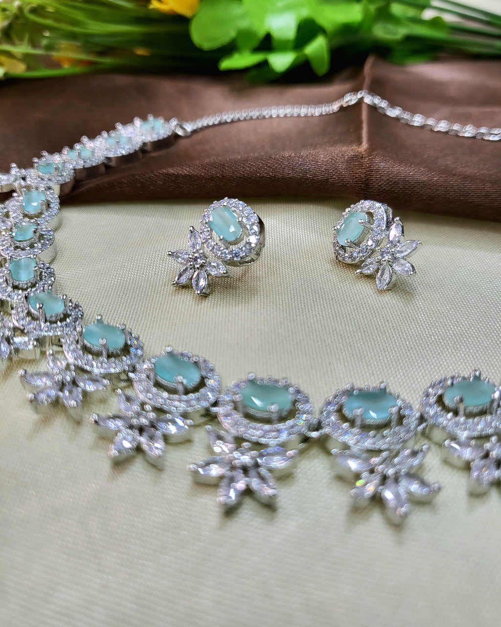 Seraphine Sea Green Necklace Set with Earrings | Diamond Finish Bridal Jewellery