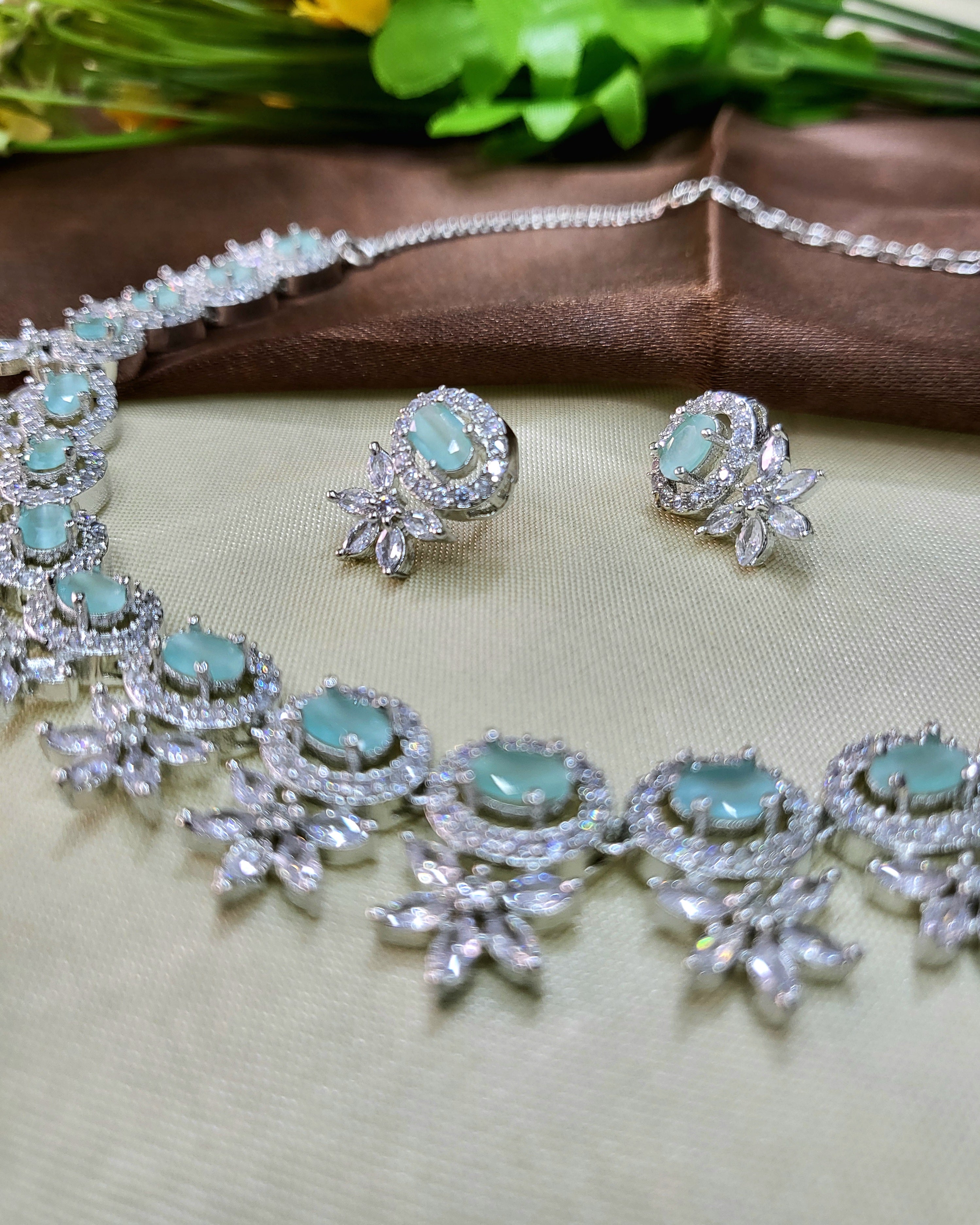 Seraphine Sea Green Necklace Set with Earrings | Diamond Finish Bridal Jewellery