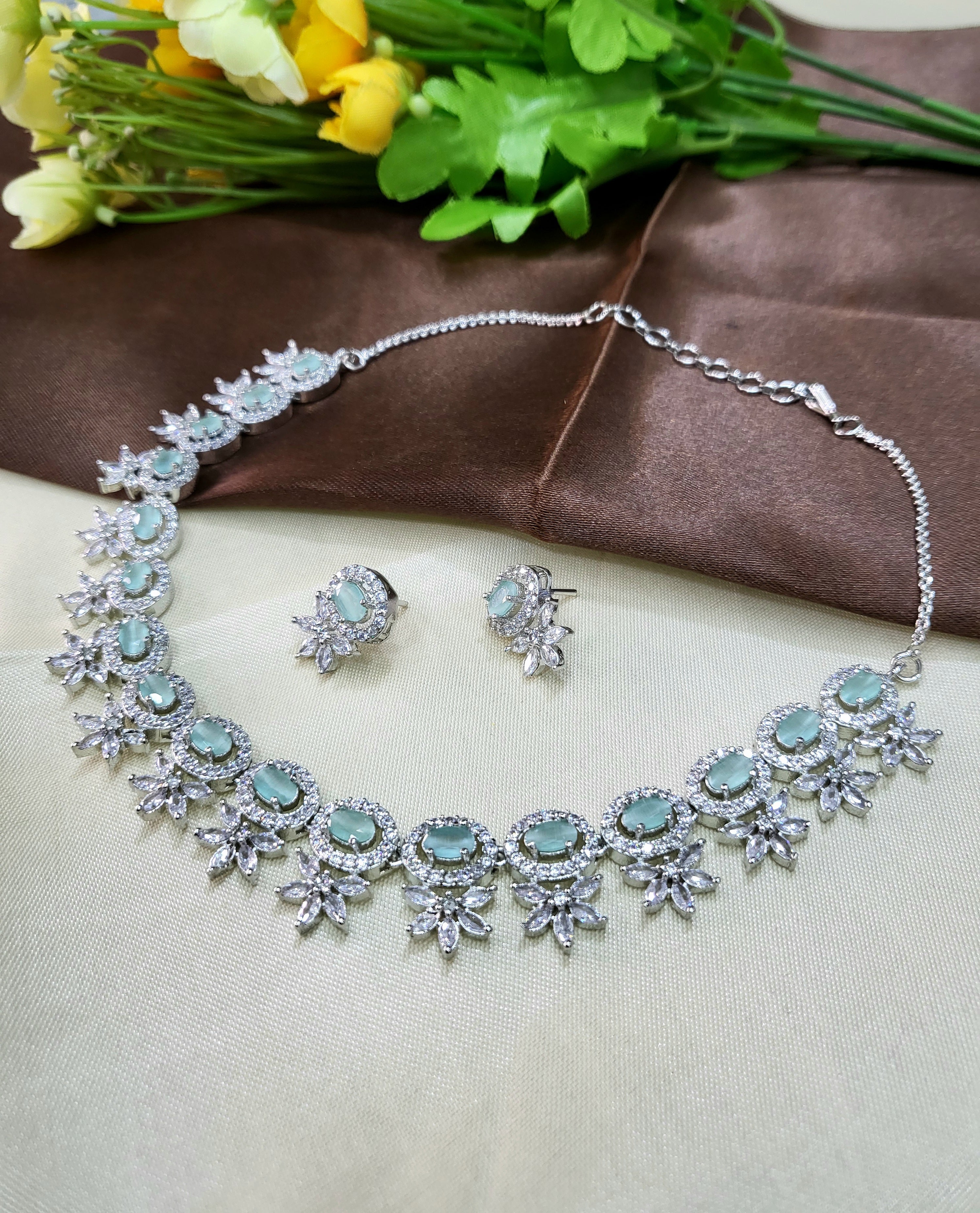 Seraphine Sea Green Necklace Set with Earrings | Diamond Finish Bridal Jewellery