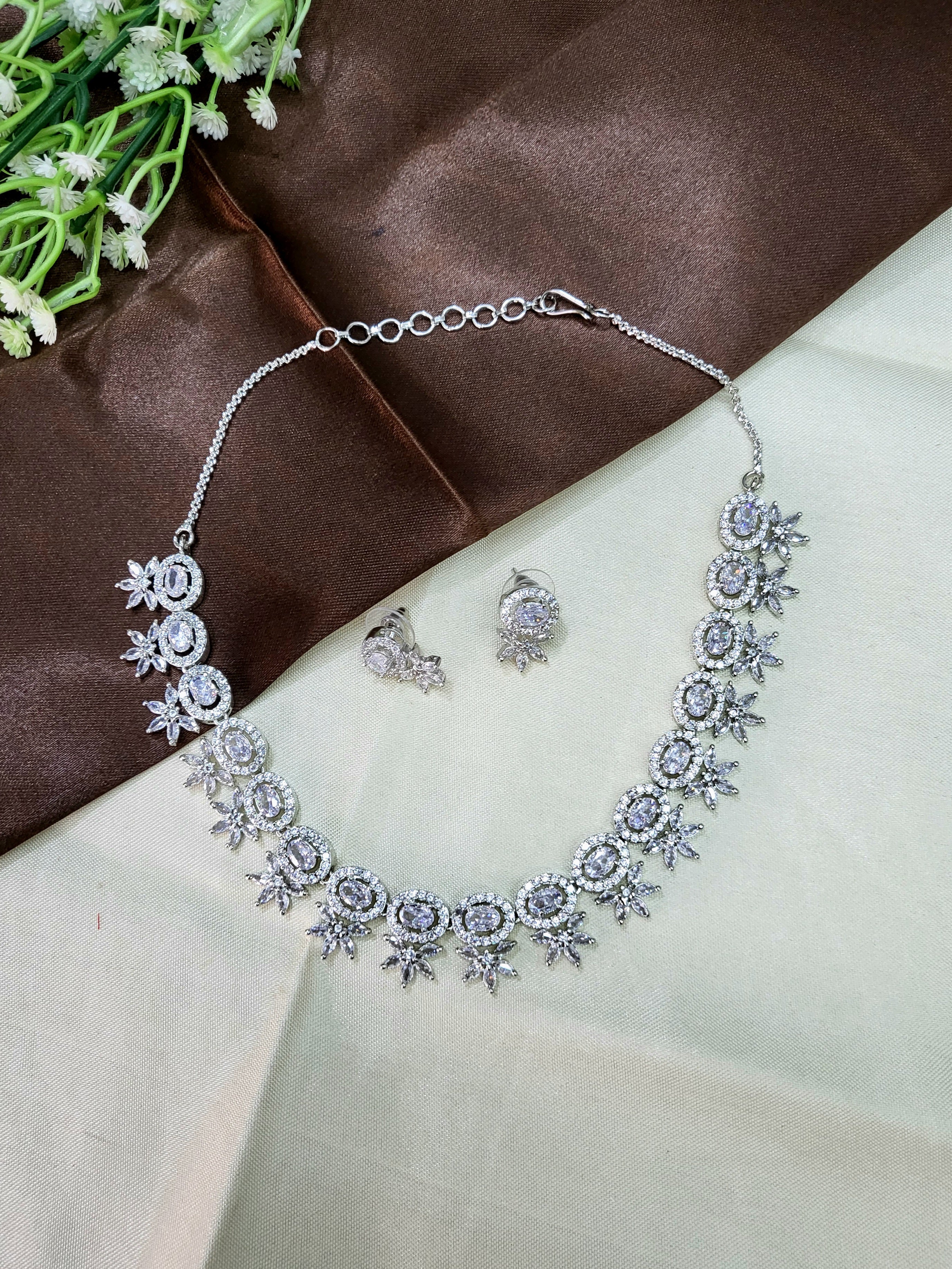 Seraphine White Necklace Set with Earrings | Diamond Finish Bridal Jewellery