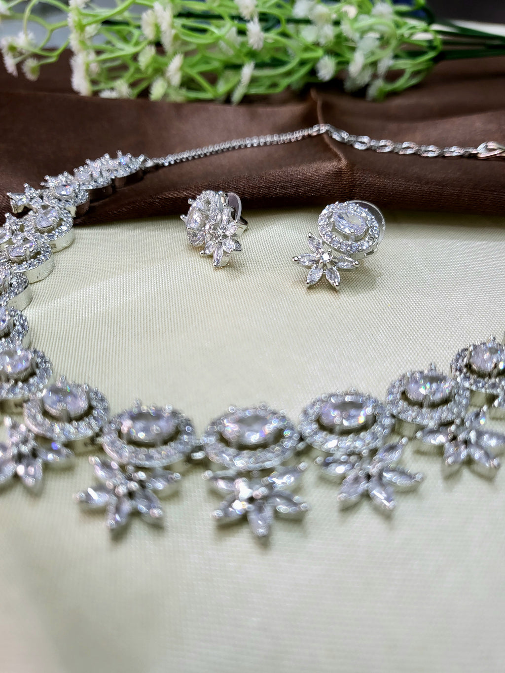 Seraphine White Necklace Set with Earrings | Diamond Finish Bridal Jewellery