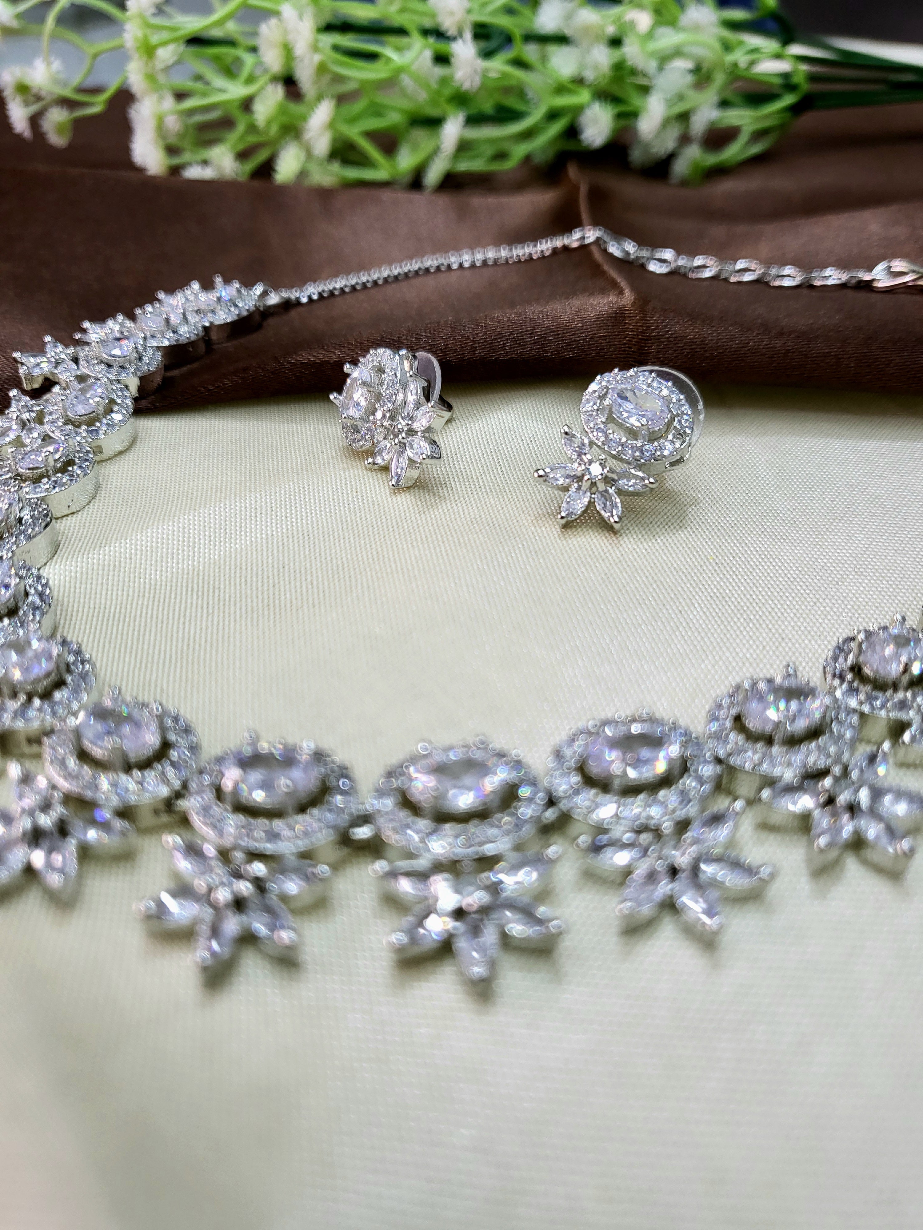 Seraphine White Necklace Set with Earrings | Diamond Finish Bridal Jewellery