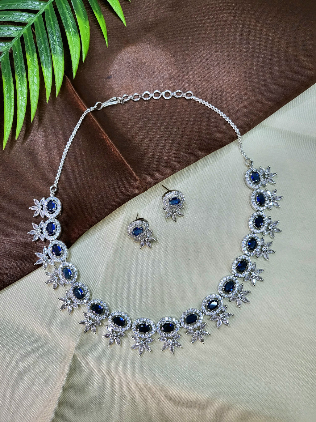 Seraphine Sapphire Blue Necklace Set with Earrings | Diamond Finish Bridal Jewellery