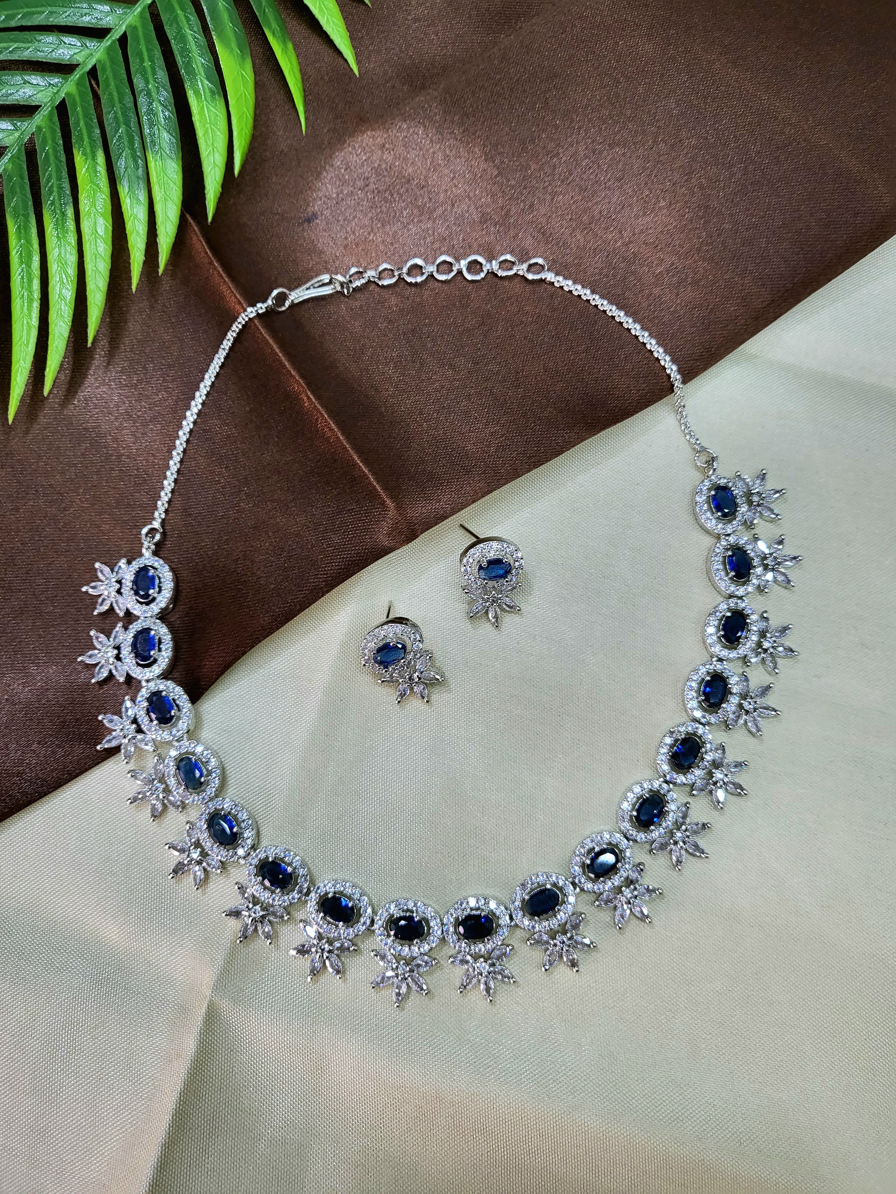 Seraphine Sapphire Blue Necklace Set with Earrings | Diamond Finish Bridal Jewellery
