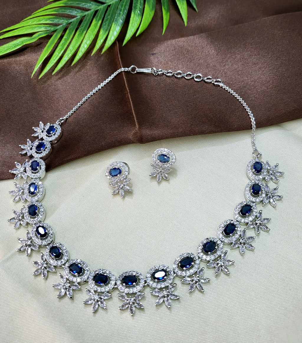 Seraphine Sapphire Blue Necklace Set with Earrings | Diamond Finish Bridal Jewellery