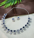 Seraphine Sapphire Blue Necklace Set with Earrings | Diamond Finish Bridal Jewellery