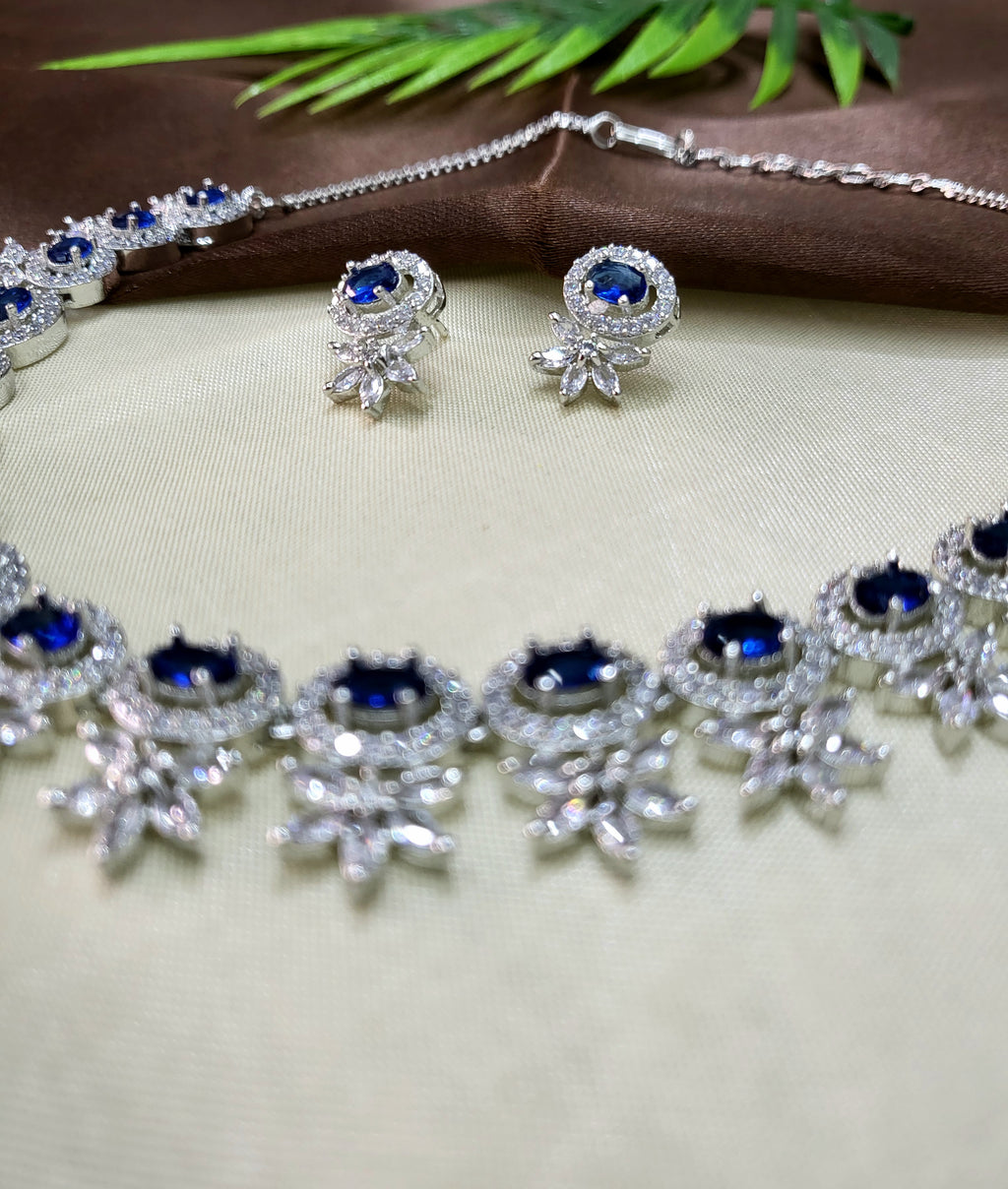 Seraphine Sapphire Blue Necklace Set with Earrings | Diamond Finish Bridal Jewellery