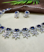 Seraphine Sapphire Blue Necklace Set with Earrings | Diamond Finish Bridal Jewellery